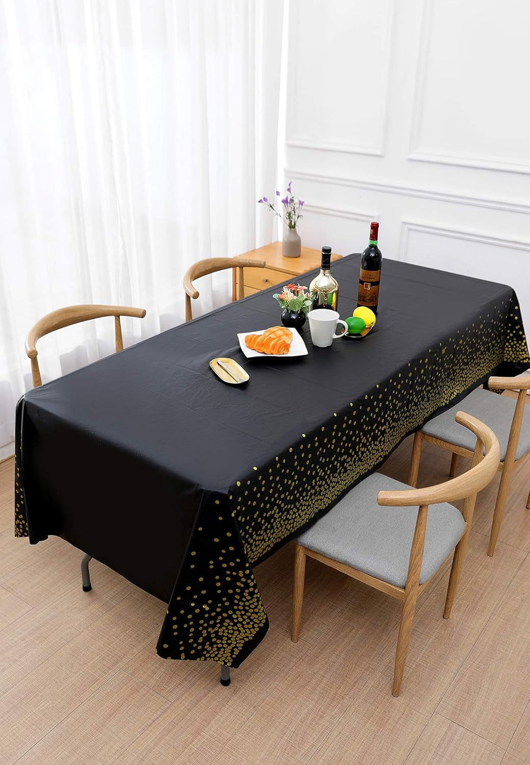 2 Pack Black and Gold Party Tablecloth for Rectangle Table, Gold Dot Confetti Rectangular Table Cover for Birthday Party, Graduation, Baby Shower, Cocktail Party, Bachelorette Party, 137Cm X 274Cm