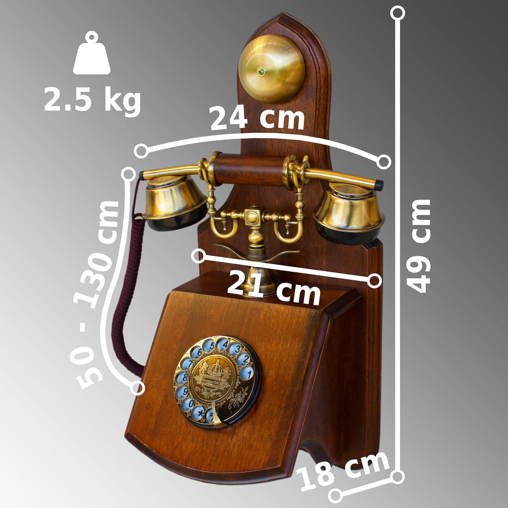 Opis 1921 Cable Model D: Wall Mounted Real Wood Desktop Retro Landline Rotary Phone in the Style of an Antique Vintage Dial House Telephone