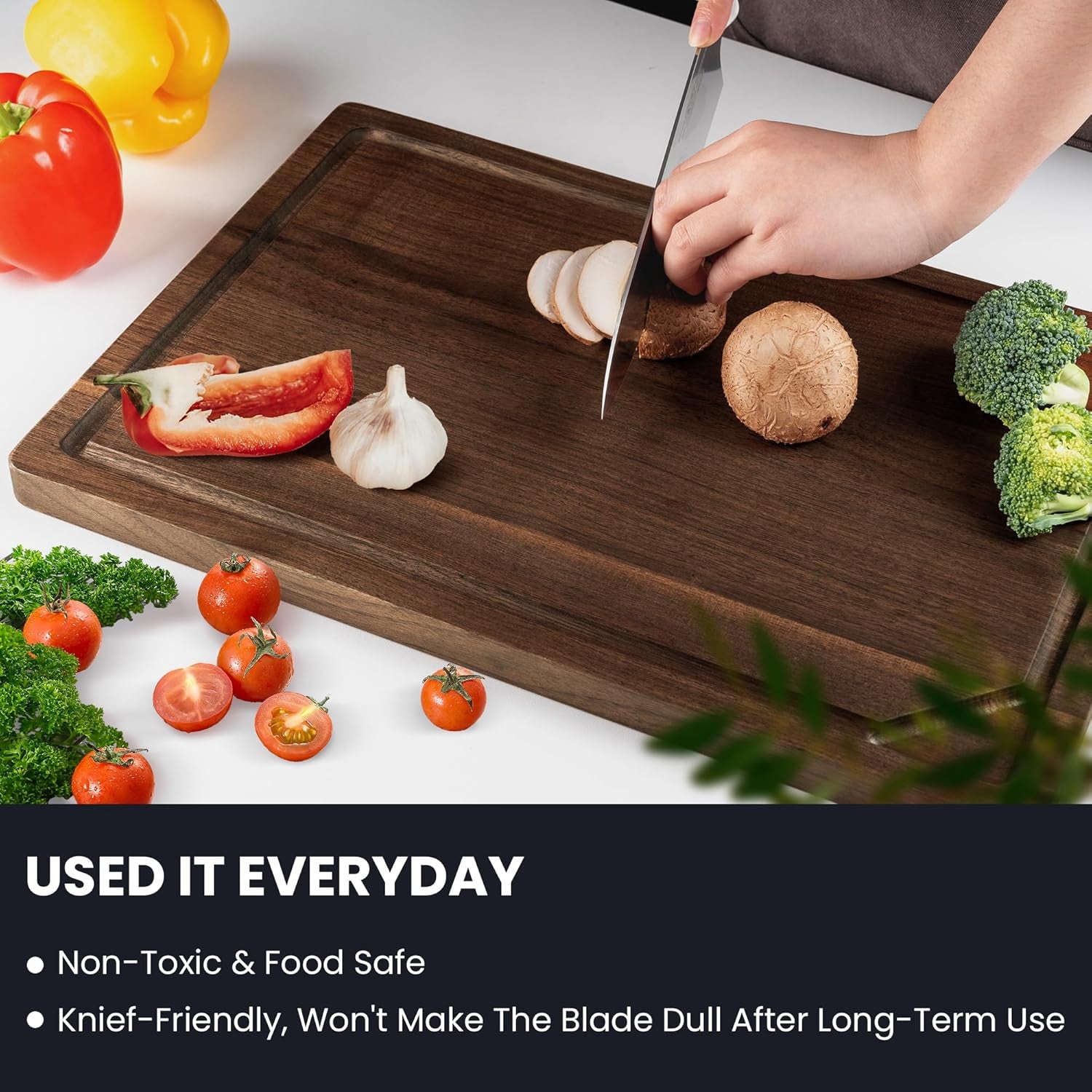 American Black Walnut Cutting Board for Kitchen (17”X11”X0.8”) Pre-Oiled Wooden Chopping Board Walnut End Grain with Juice Groove & Handlers, Reversible Butcher Block