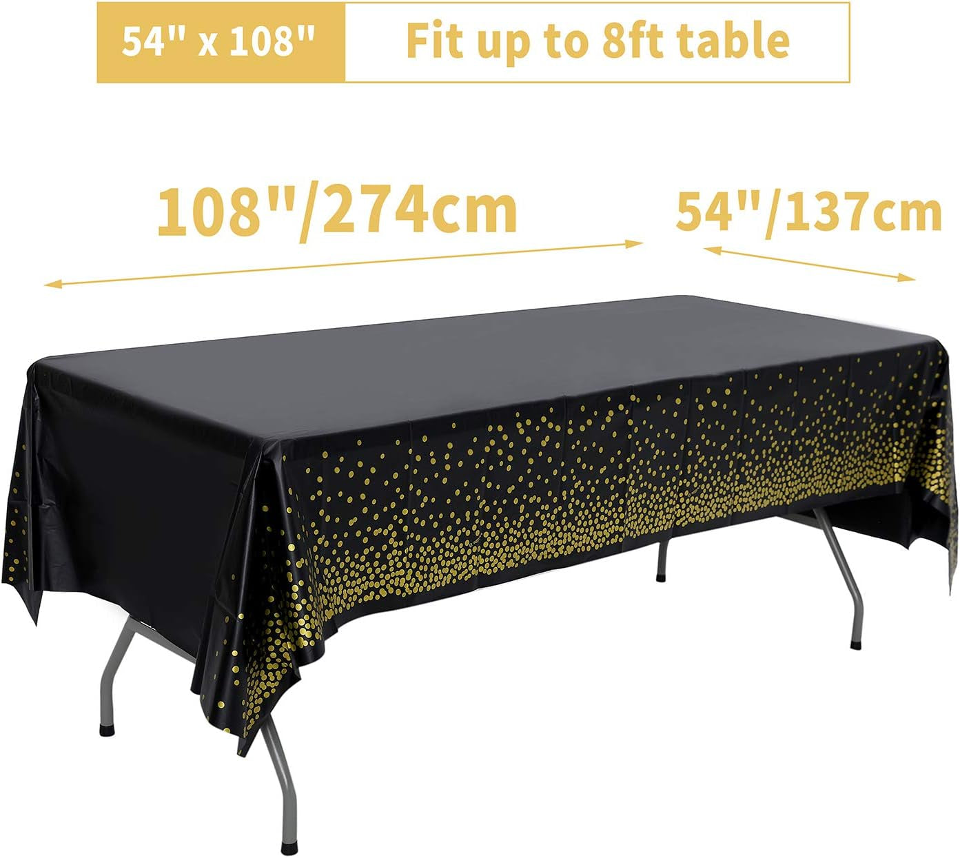 2 Pack Black and Gold Party Tablecloth for Rectangle Table, Gold Dot Confetti Rectangular Table Cover for Birthday Party, Graduation, Baby Shower, Cocktail Party, Bachelorette Party, 137Cm X 274Cm
