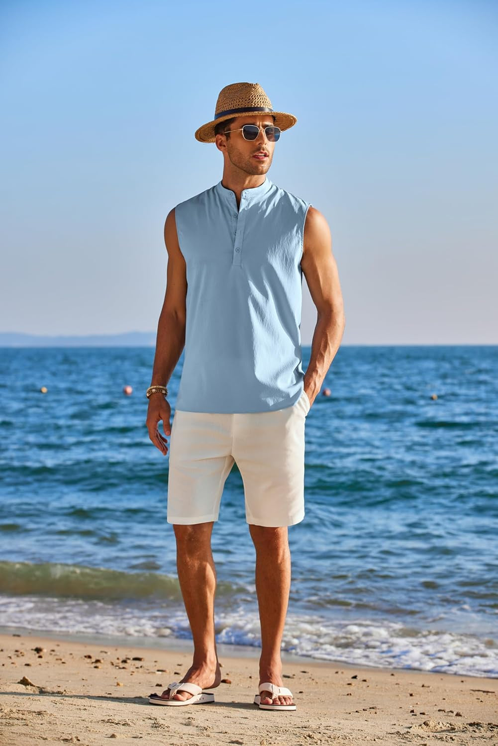 Men Beach Tank Shirt Sleeveless Button up Top Summer Linen Shirt Hawaiian Hippie Tops Light Blue
