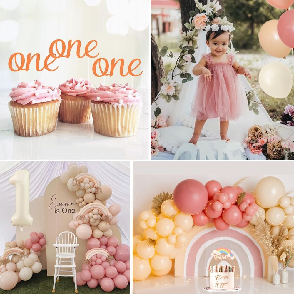 1St Birthday Decorations for Girls,First Birthday Decorations with Baby Month Photo Banner,Beige Number 1 Foil Balloon, First Birthday Cake Topper,Rainbow Happy Birthday Banner for Baby Shower
