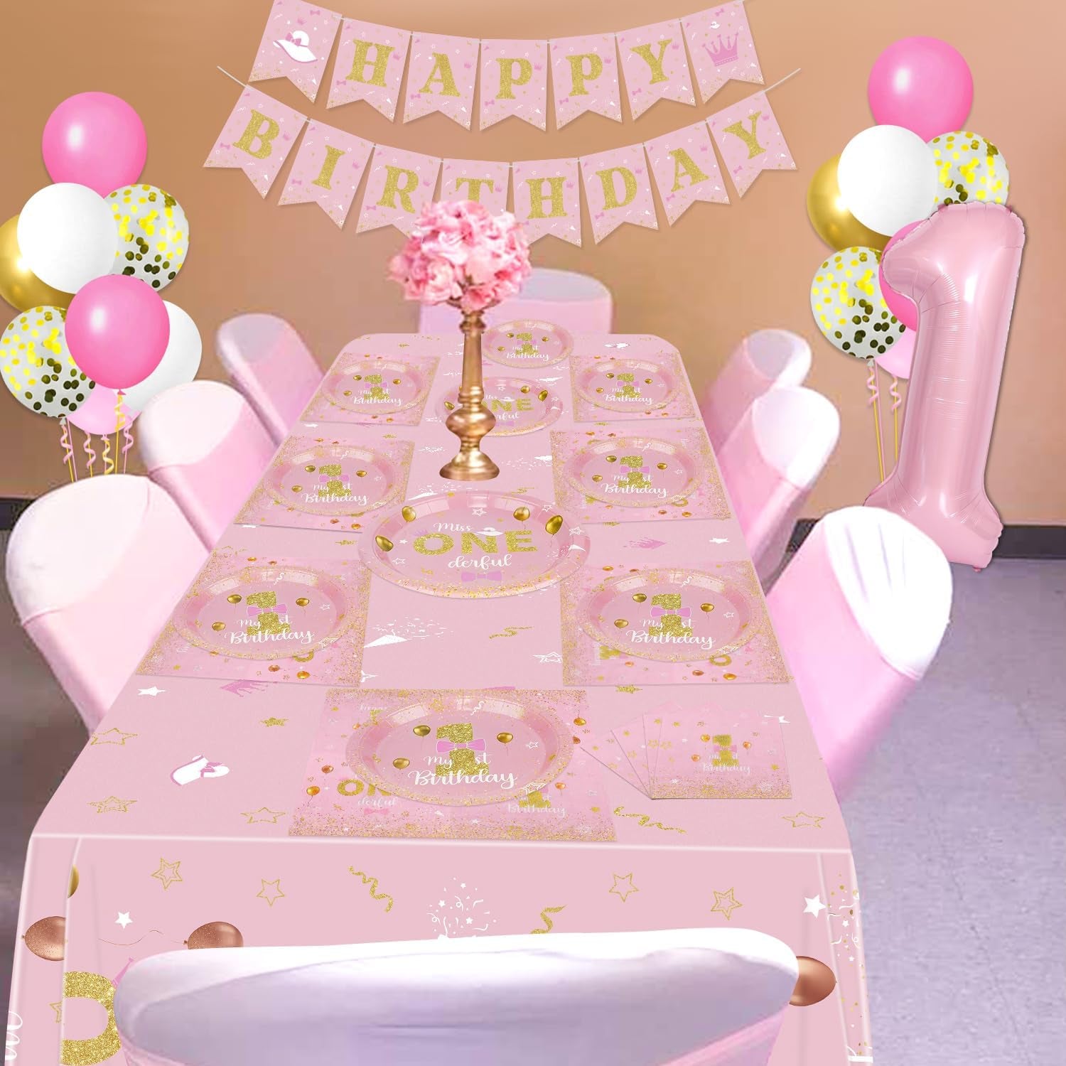 Miss Onederful Birthday Decorations - Pink Gold Plates, Napkins, Tablecloth, First Tableware for Baby Shower 1St Girls Decorations, Serve 20 Guests, JY-26