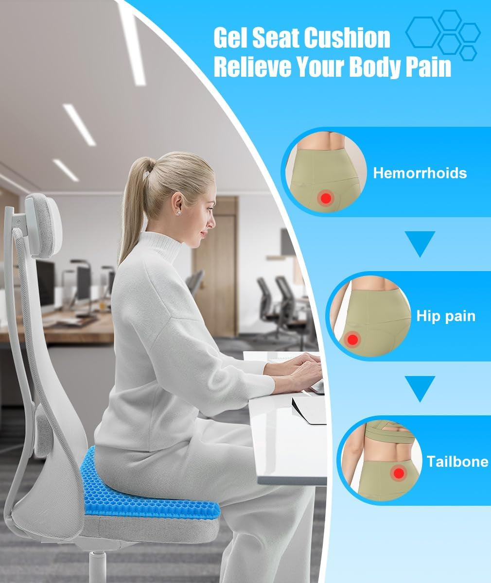 Airflow Gel Seat Cushion 42 X 36Cm Relieve Coccyx Pressure Pain, Honeycomb Construction Hard Chair Pad Comfortable Long Sitting for Car Office, plus Cloth Cover, anti Slip, Retain Shape over Time