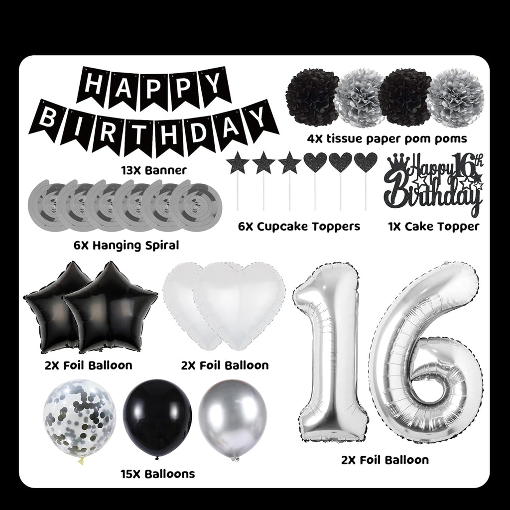 16Th Birthday Decorations Black Silver - 50 Pieces 16Th Decoration for Boys Number 16 Foil Balloon Birthday Banner Star Love Balloon Paper Flowers Cake Toppers for Girls Party Supplies