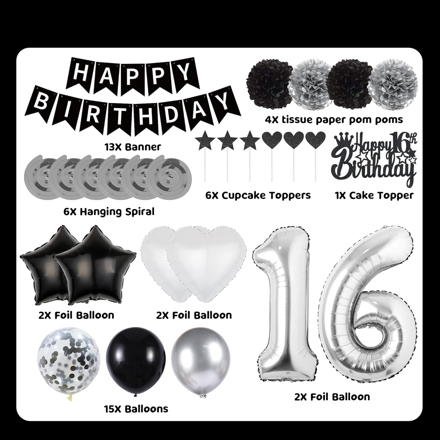 16Th Birthday Decorations Black Silver - 50 Pieces 16Th Decoration for Boys Number 16 Foil Balloon Birthday Banner Star Love Balloon Paper Flowers Cake Toppers for Girls Party Supplies