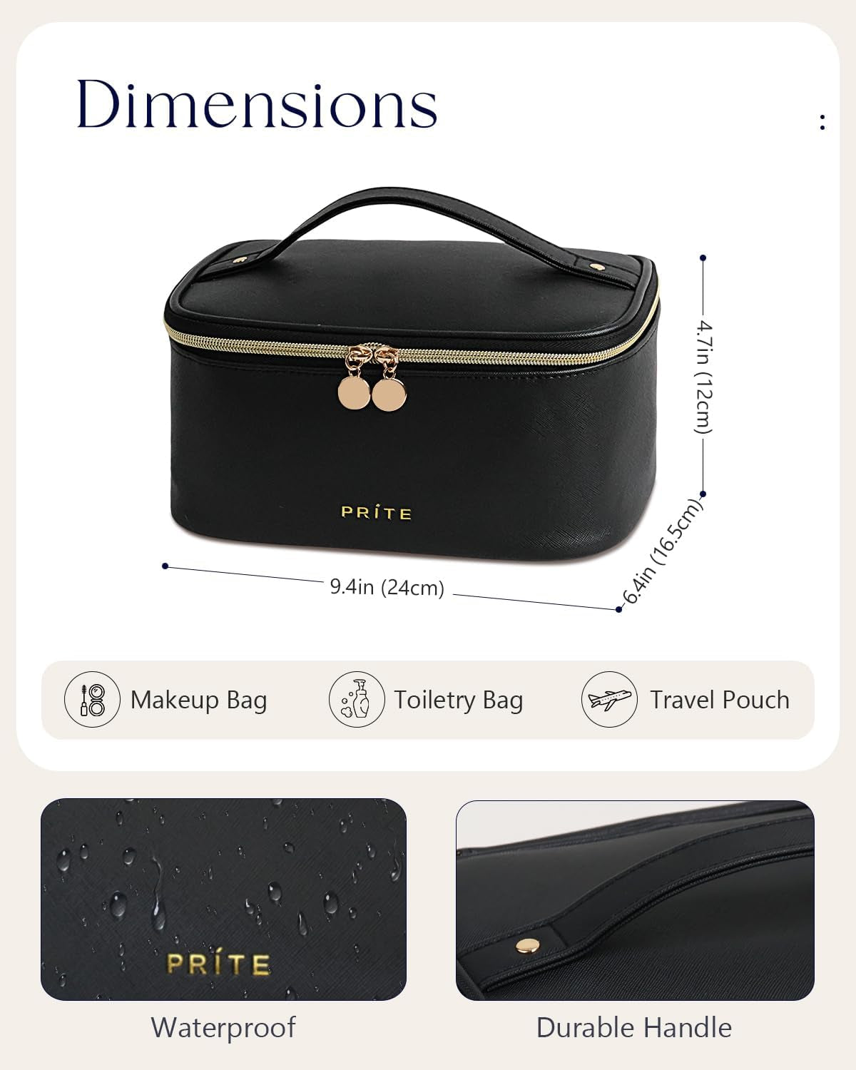 Large Makeup Bag for Women Travel Cosmetic Case Waterproof PU Leather Toiletry Bag Portable Make up Organiser with Handle and Removable Divider (Black)