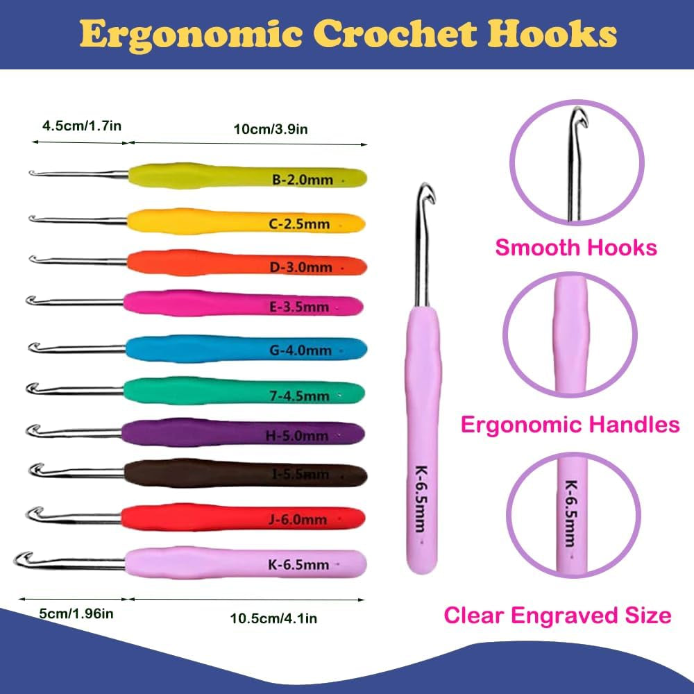 Crochet Kits for Beginners Adults, All in One Crochet Crochet Starter Kit with 840 Yards Crochet Yarn, 10 Size Ergonomic Crochet Hooks 2.0Mm~6.5Mm