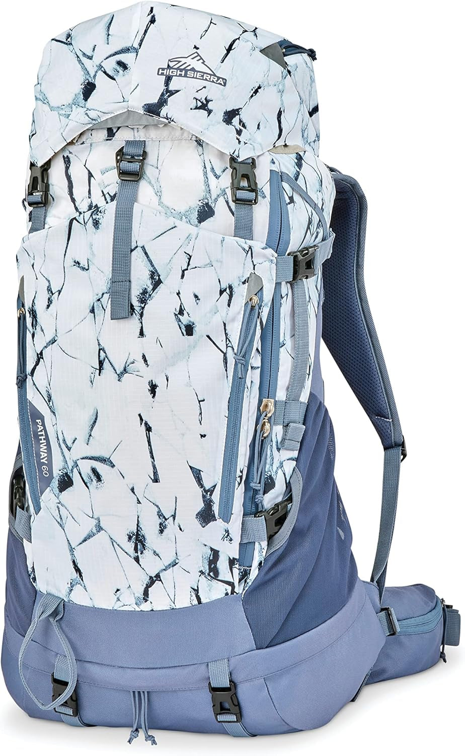 Pathway 2.0 Backpack with Hydration Storage Sleeve, for Hiking, Biking, Camping, Traveling, White Cracked Ice/Grey Blue, 60L