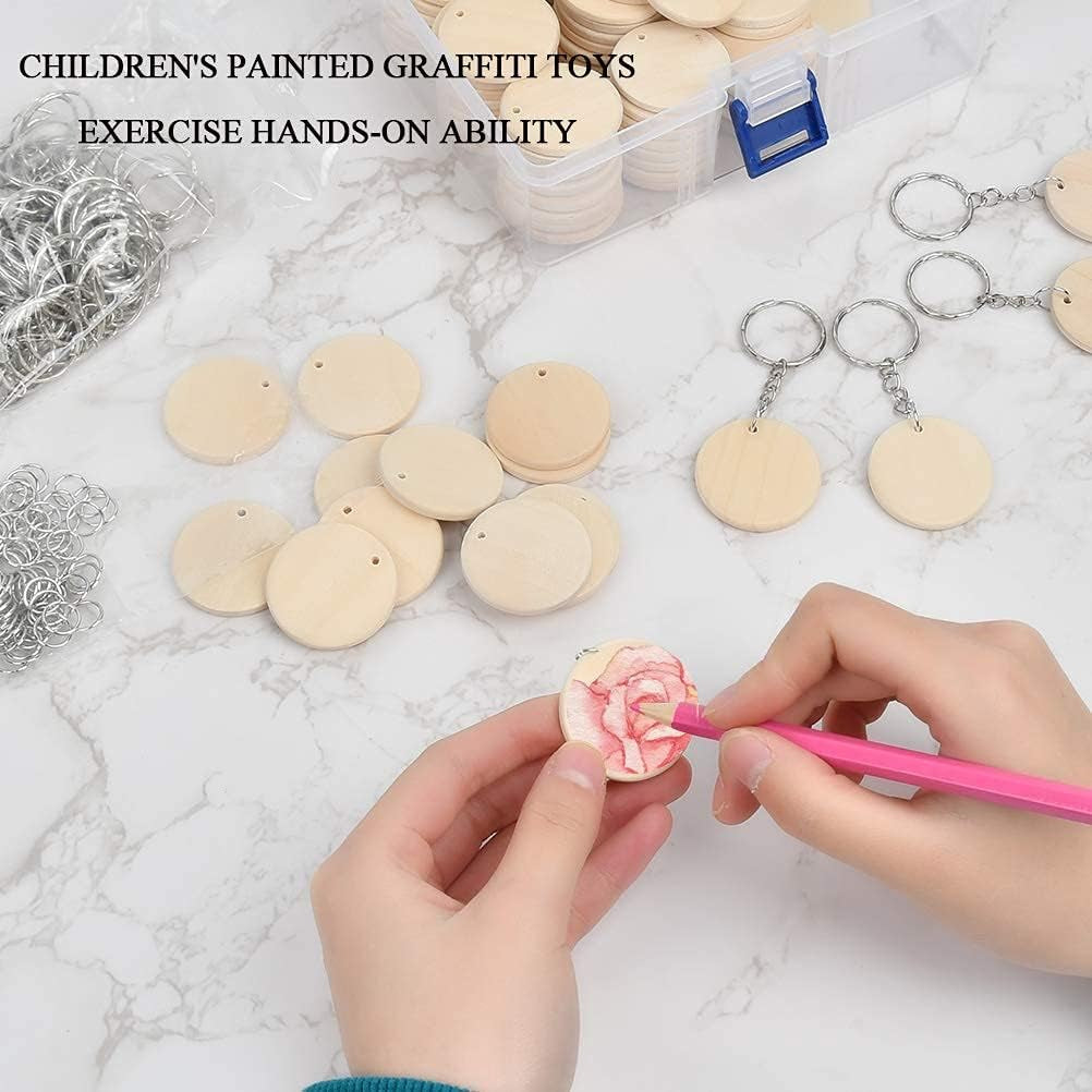 100Pcs Natural Wood Slices, 35Mm Unfinished Predrilled Log Discs Wooden Circles with 100Pcs Key Rings and a Box for DIY Crafts, Unfinished round Circles for Christmas Decorations Ornaments