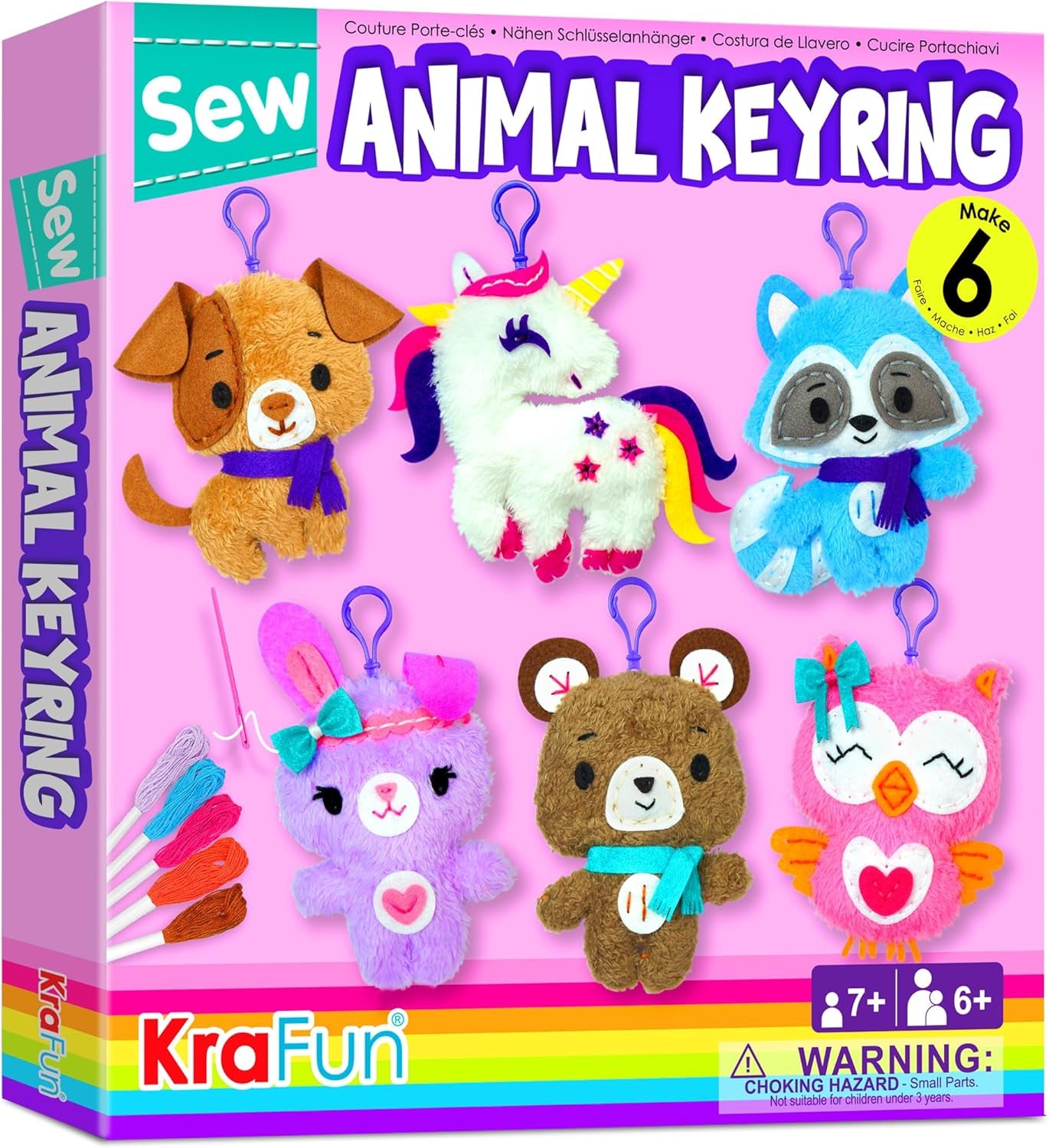 Unicorn Sewing Keyring Kit for Kids Ages 7-12, Beginner Craft Set with 6 Stuffed Dolls (Bear, Dog, Rabbit, Raccoon, Owl, Unicorn), Felt Materials, Embroidery Supplies, Instructions
