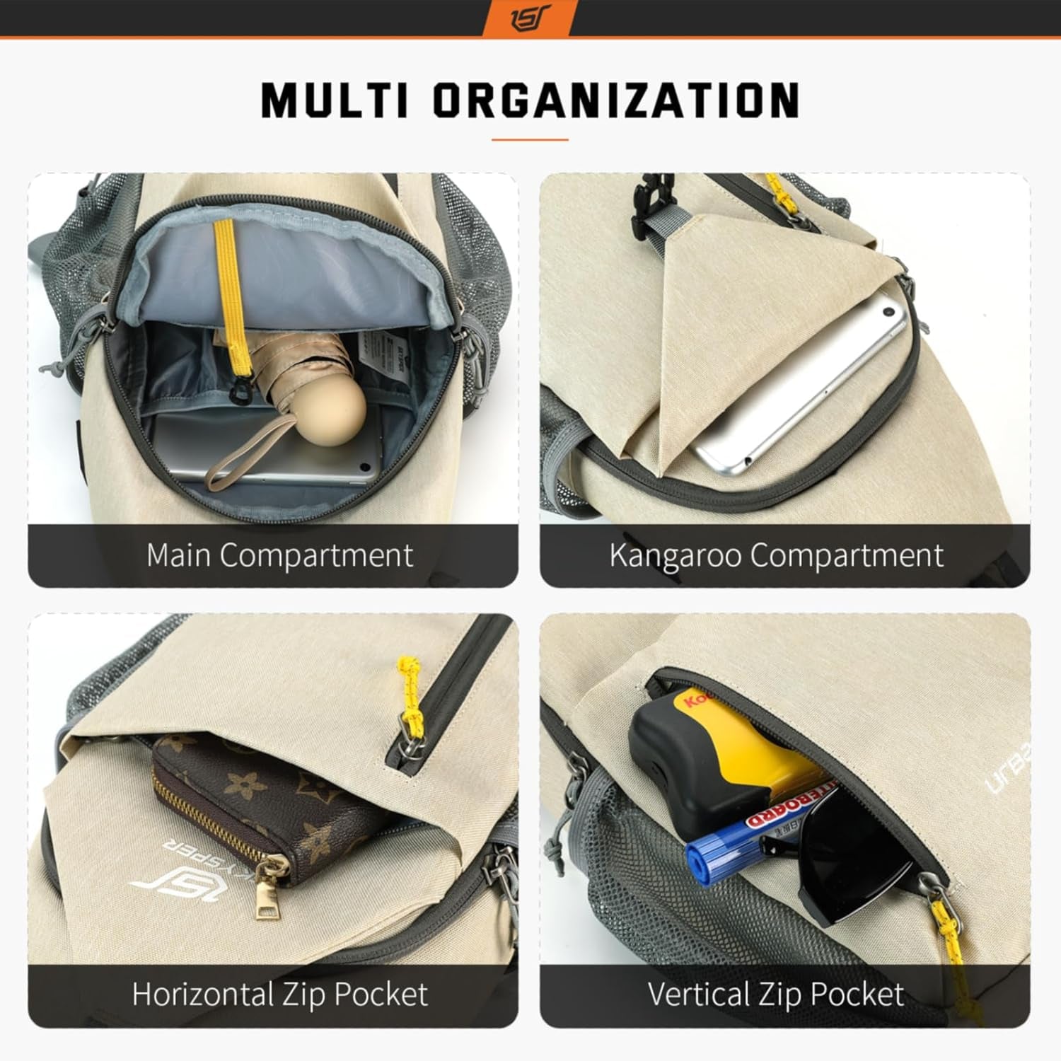 Sling Bag Crossbody Backpack - Chest Shoulder Cross Body Bag Travel Hiking Casual Daypack for Women Men(Beige)