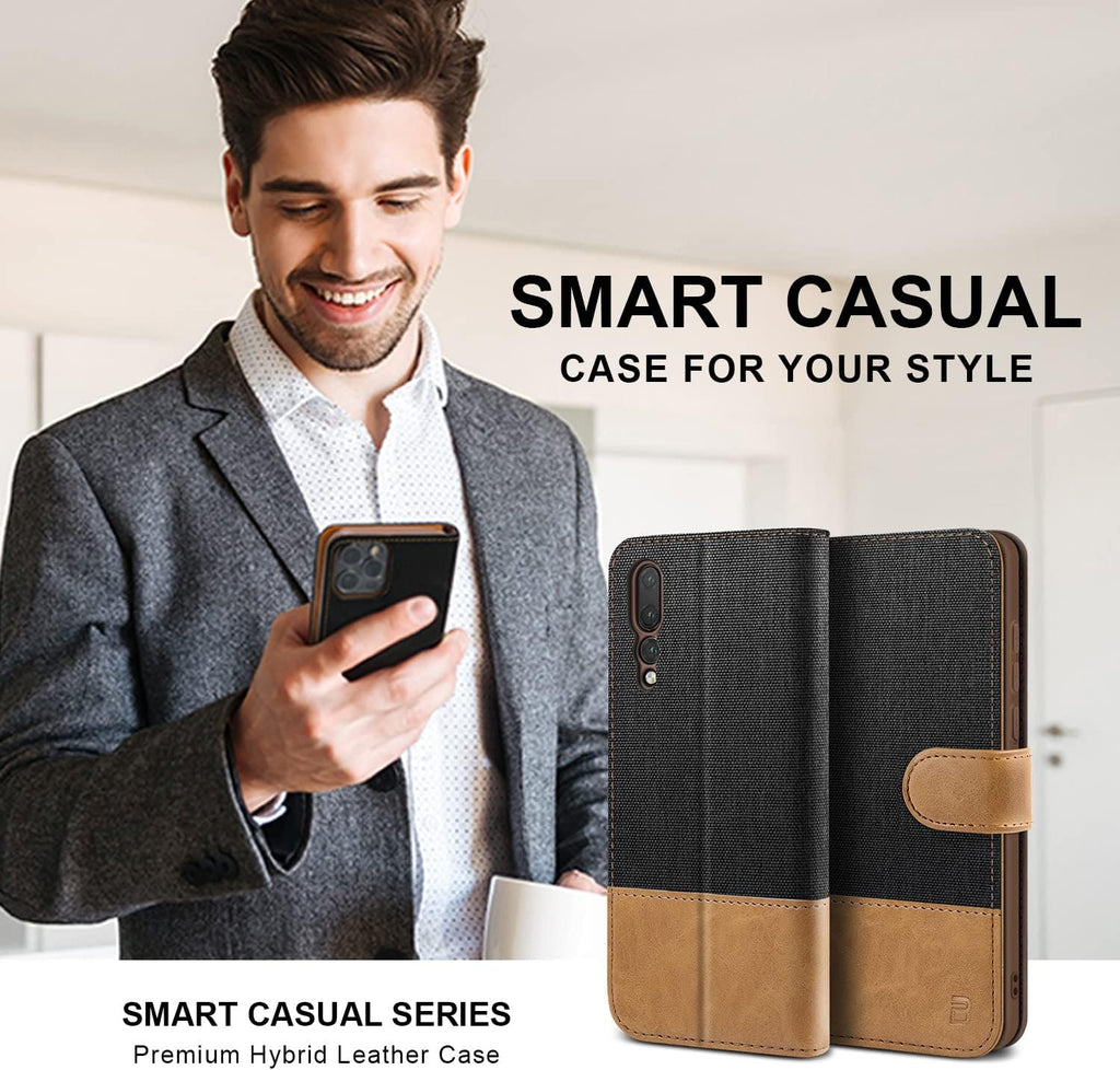 Case for Huawei P20 Pro Case, Flip Case Compatible with Huawei P20 Pro, Wallet Case Cover [Canvas Faux Leather] with Credit Card Holders, Kick Stand, Magnetic Strap Closure, Black