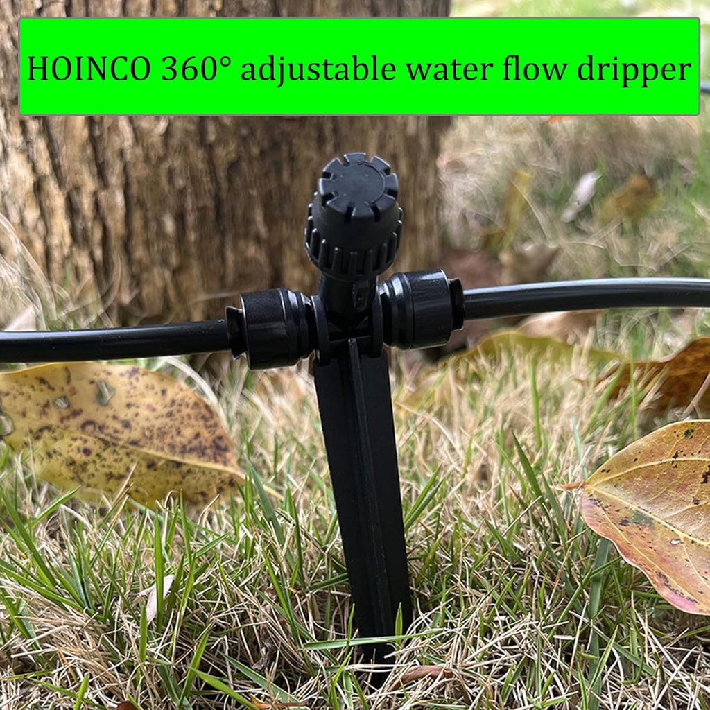 Drip Irrigation Emitters, 360 Degree Adjustable Water Flow, Black Plastic Rotary Sprinklers, 20PCS with 4 Plugs for 1/4 Inch Tubing, Gardens, Potted Plants, Farmland