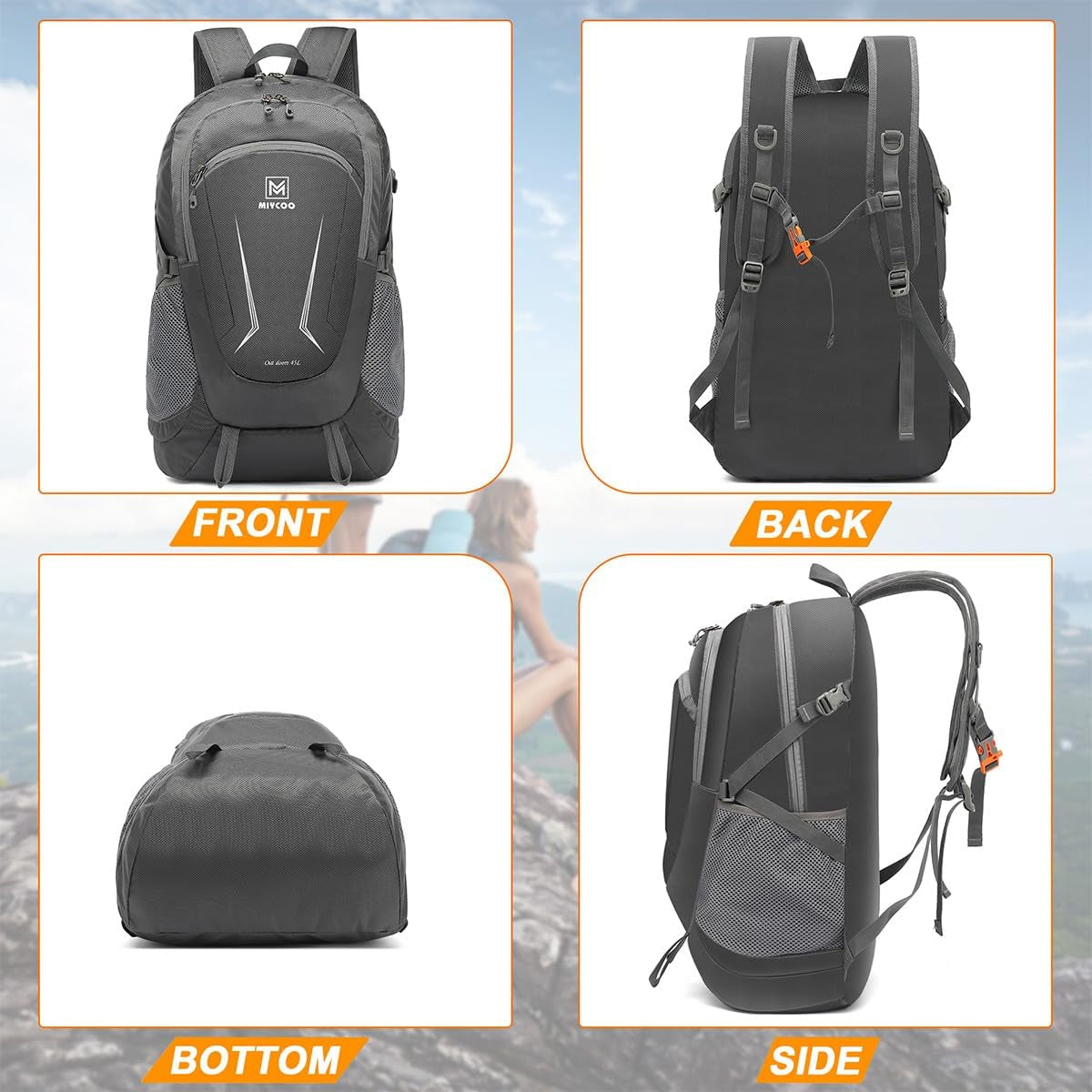 Lightweight Backpack for Men Women - Packable Hiking Travel Backpack - Foldable Outdoor Camping Waterproof Daypack Grey