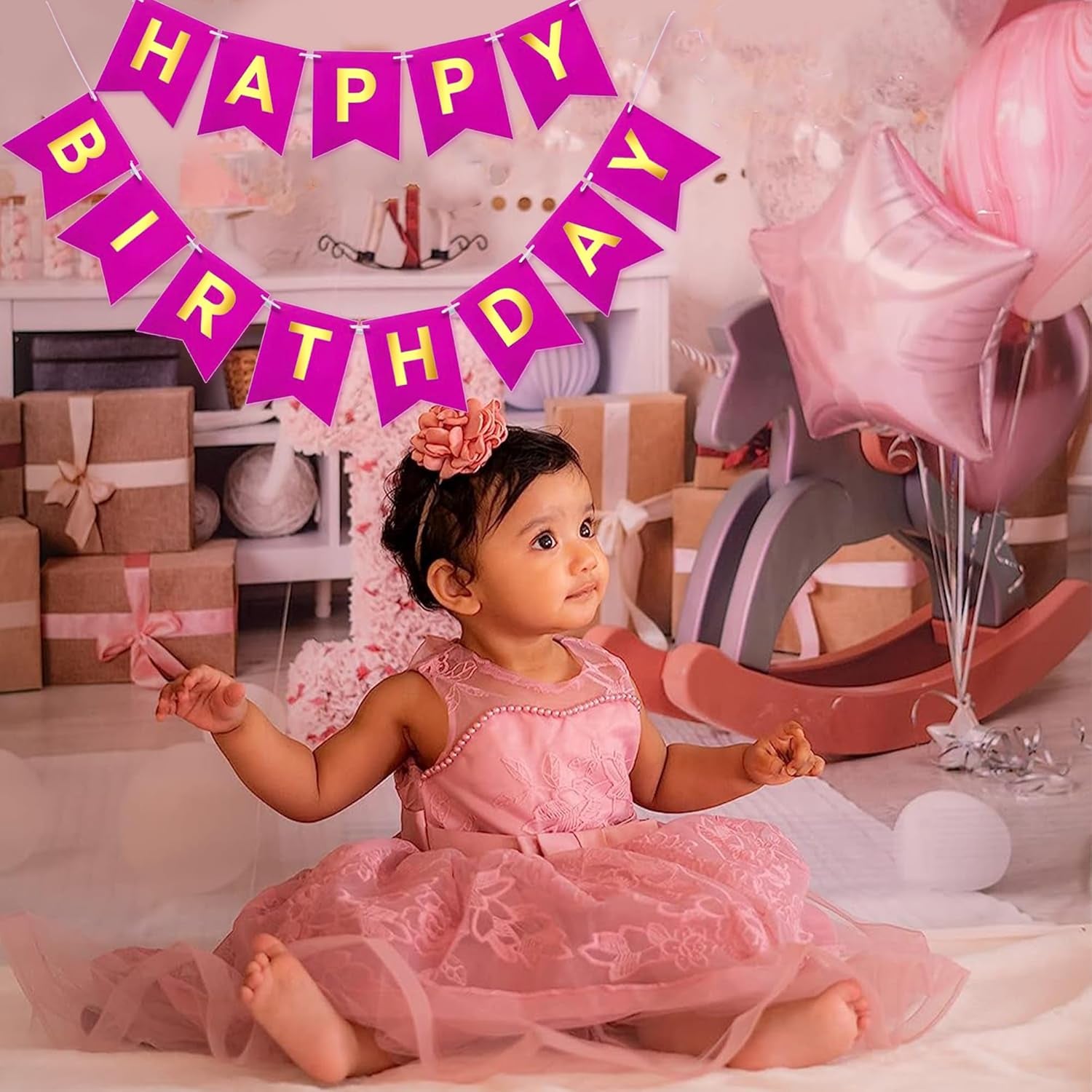 Pink Happy Birthday Bunting Banner Signs Golden Sparkle - Fun and Festive Party Supplies for Girls - Complete 13-Piece Birthday Decorations Set for Memorable Celebrations