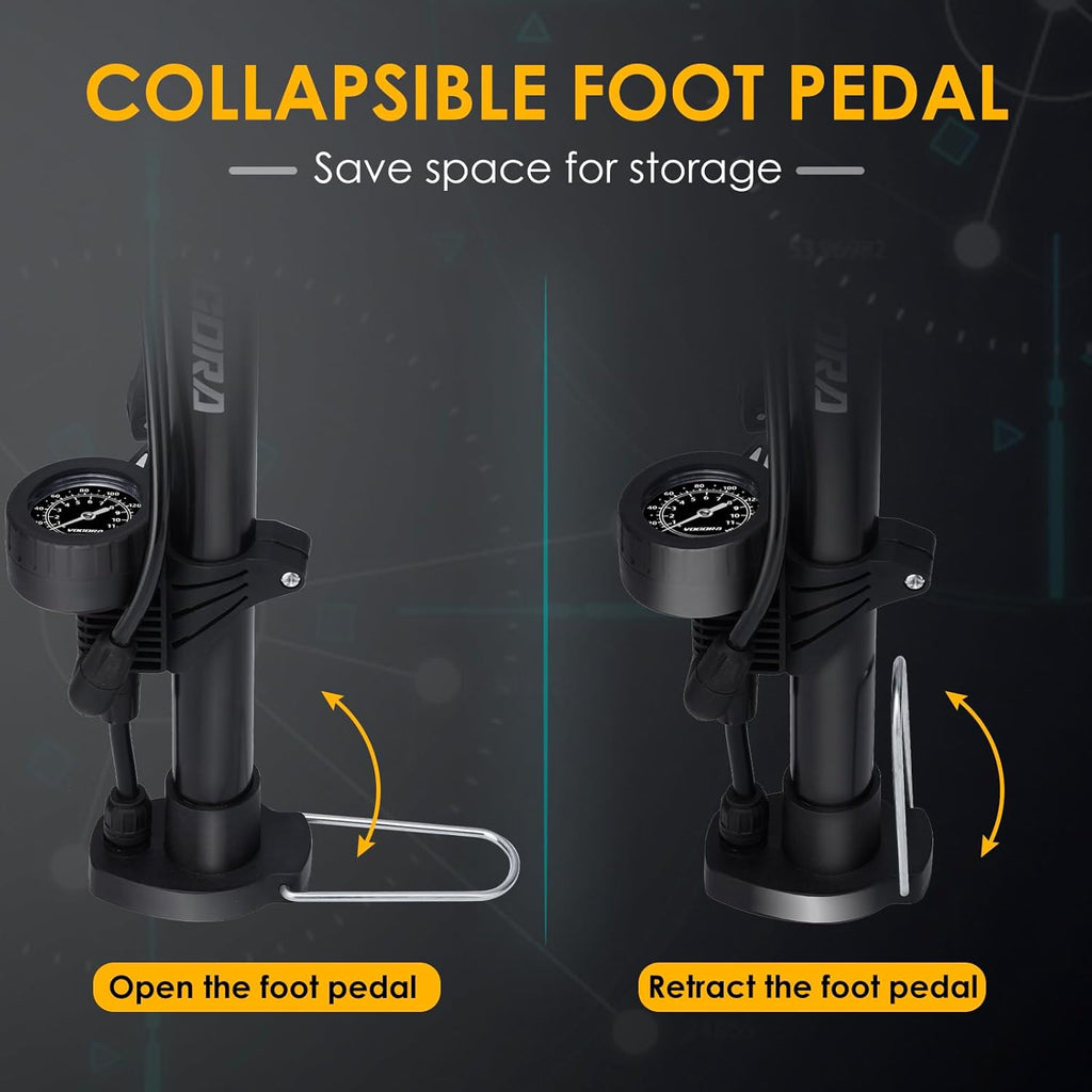 Bike Pump with Pressure Gauge, Bicycle Pump with Presta & Schrader Valves Bike Pump for All Bikes, Foot Pump for Car Tyres, Road Mountain Bikes & Balls