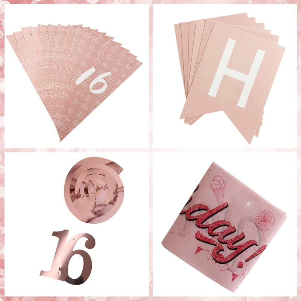 16Th Birthday Decorations for Girls-Rose Gold 16Th Birthday Banners Balloons Bunting for Her,Happy Birthday Party Decor Include Banner Bunting Hanging Swirls Triangle Flags Confetti Latex Balloons