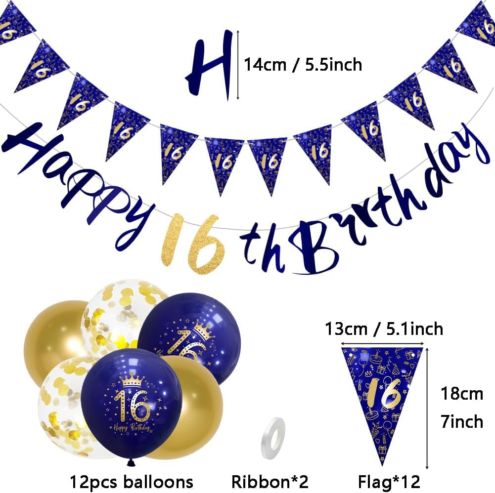 Navy Blue & Gold 16Th Birthday Party Decorations - Boys Happy Birthday Banner & Bunting Kit by