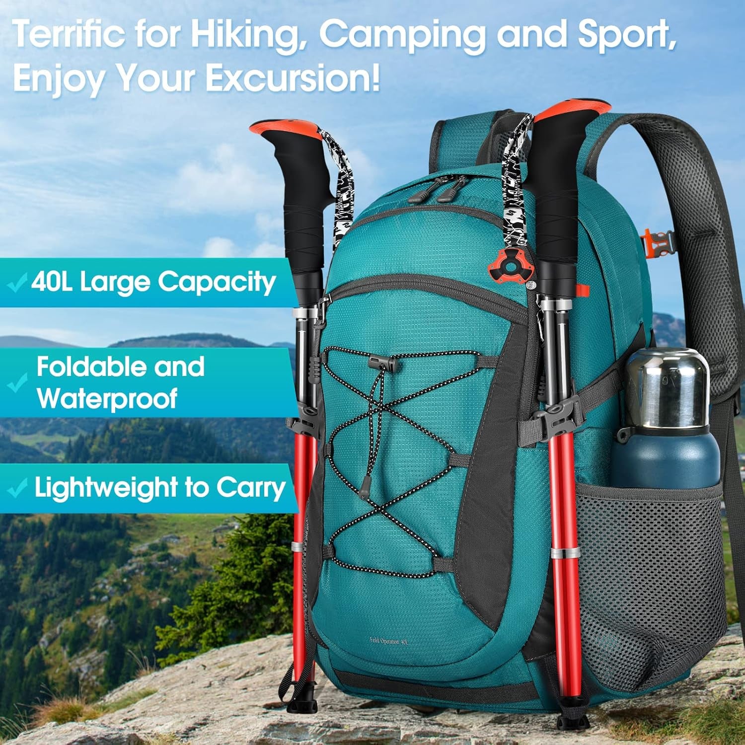 Hiking Backpack 40L Waterproof Camping Backpack Lightweight Packable Backpack for Women Men Outdoor Travel Daypack