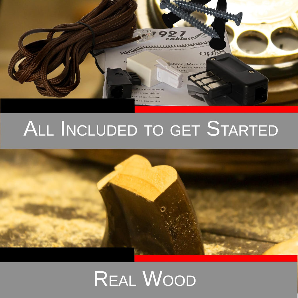 Opis 1921 Cable Model D: Wall Mounted Real Wood Desktop Retro Landline Rotary Phone in the Style of an Antique Vintage Dial House Telephone