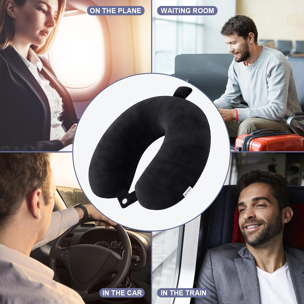Travel Pillow Memory Foam Neck Pillow Lightweight Quick Pack for Airplane Train Car Travel Camping Neck Support Pillow (Black)