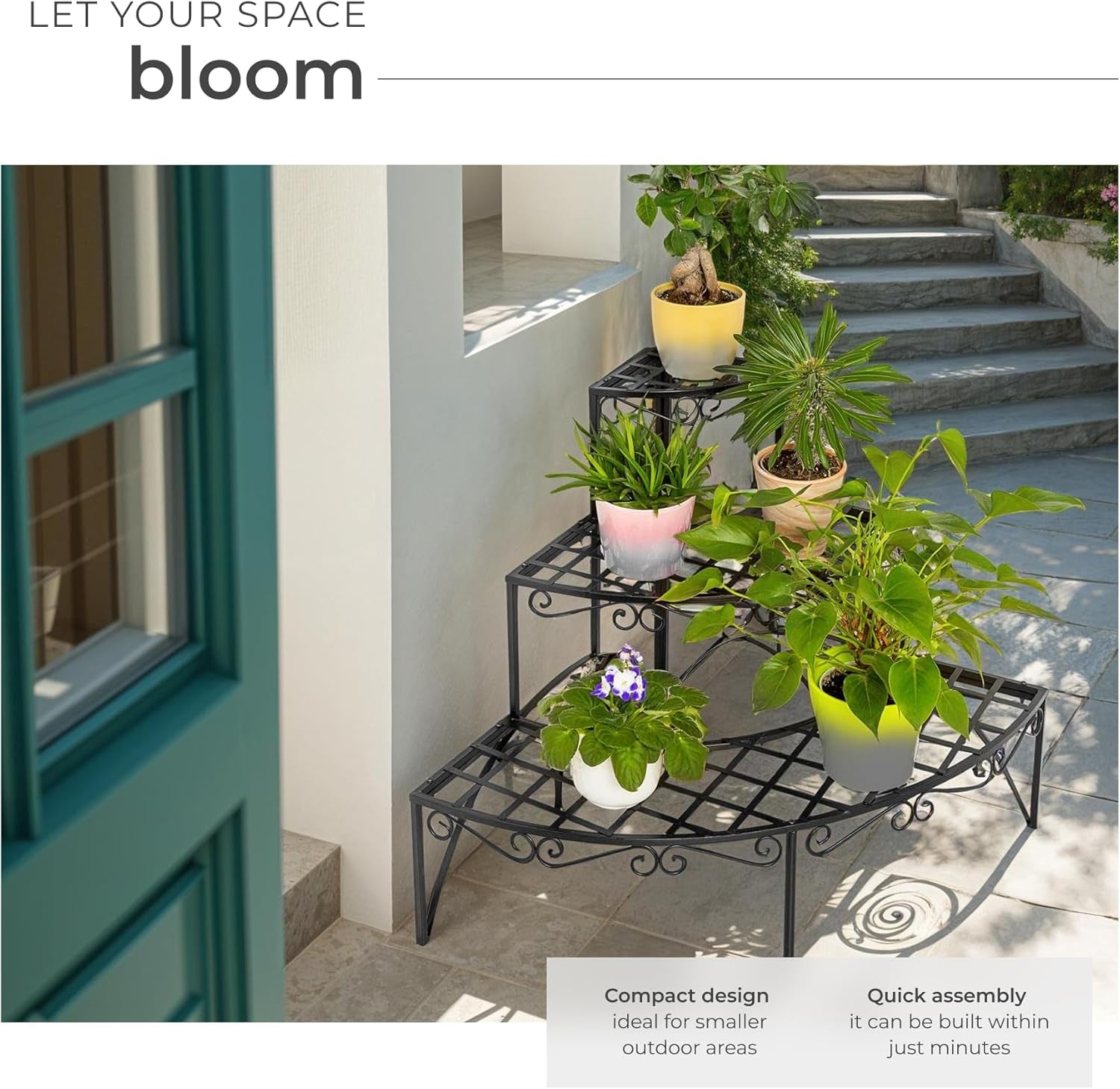 3-Tiered Plant Stand in Charming, Airy Design & Robust, Weather-Resistant Steel, 30 Kg Load Capacity, Indoor & Outdoor Use, Plant Pot Stand for Garden, Balcony, Patio, Conservatory - Black