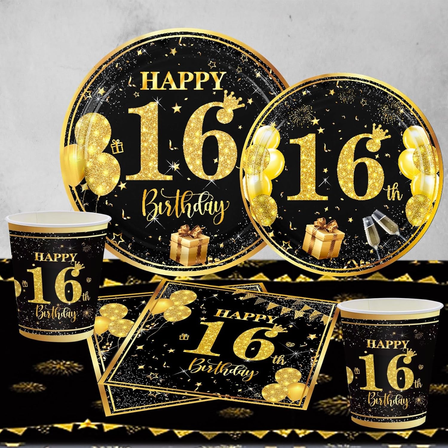 70 Pcs 16Th Birthday Tableware Black Gold, 16Th Birthday Table Decoration Set for Teen Party Supplies (16 Guests)