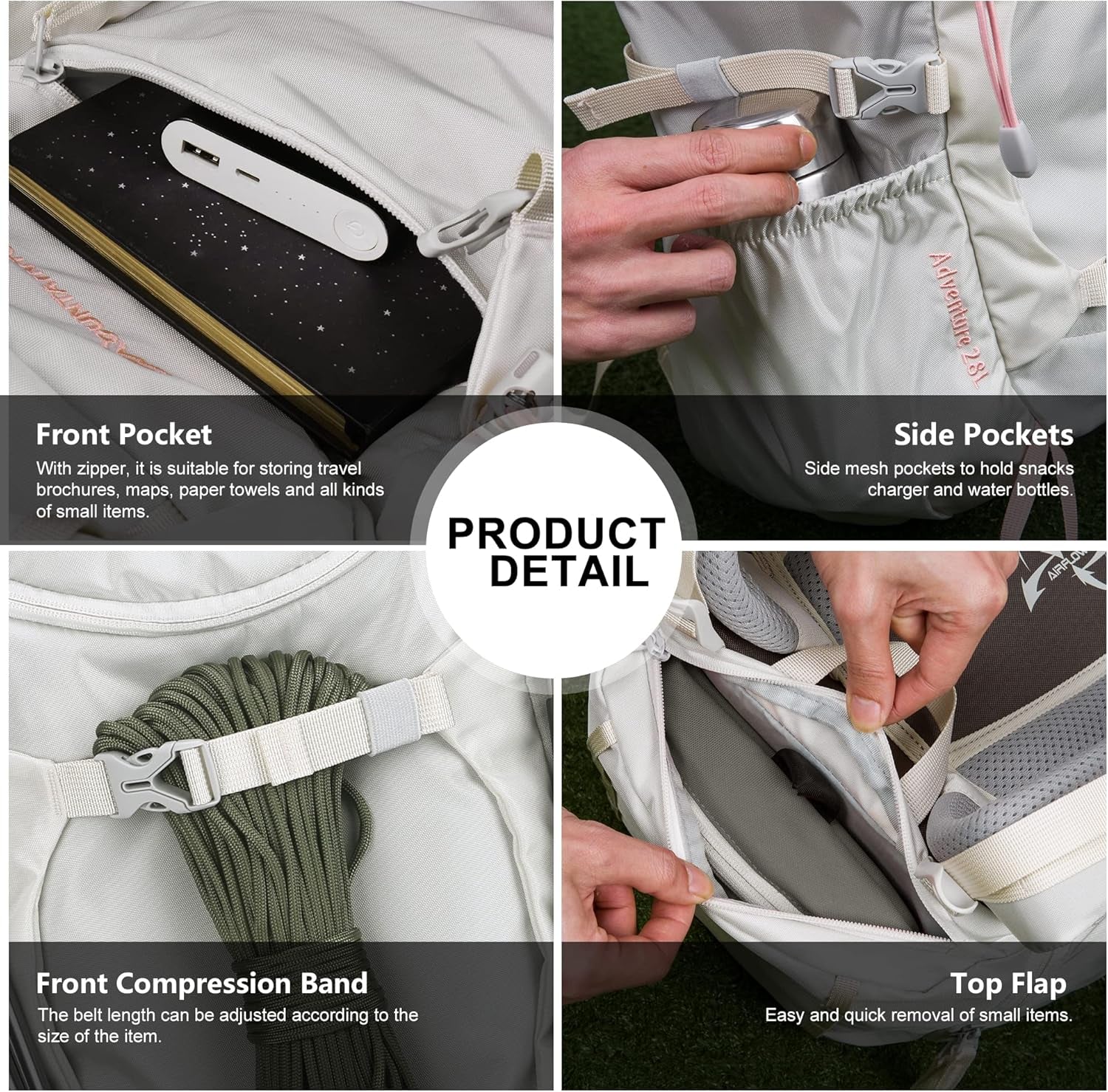 Small Hiking Backpack 28L Travel Daypack Lightweight for Women for Outdoor Camping, 20.5×12.2×6.3 In，Ivory