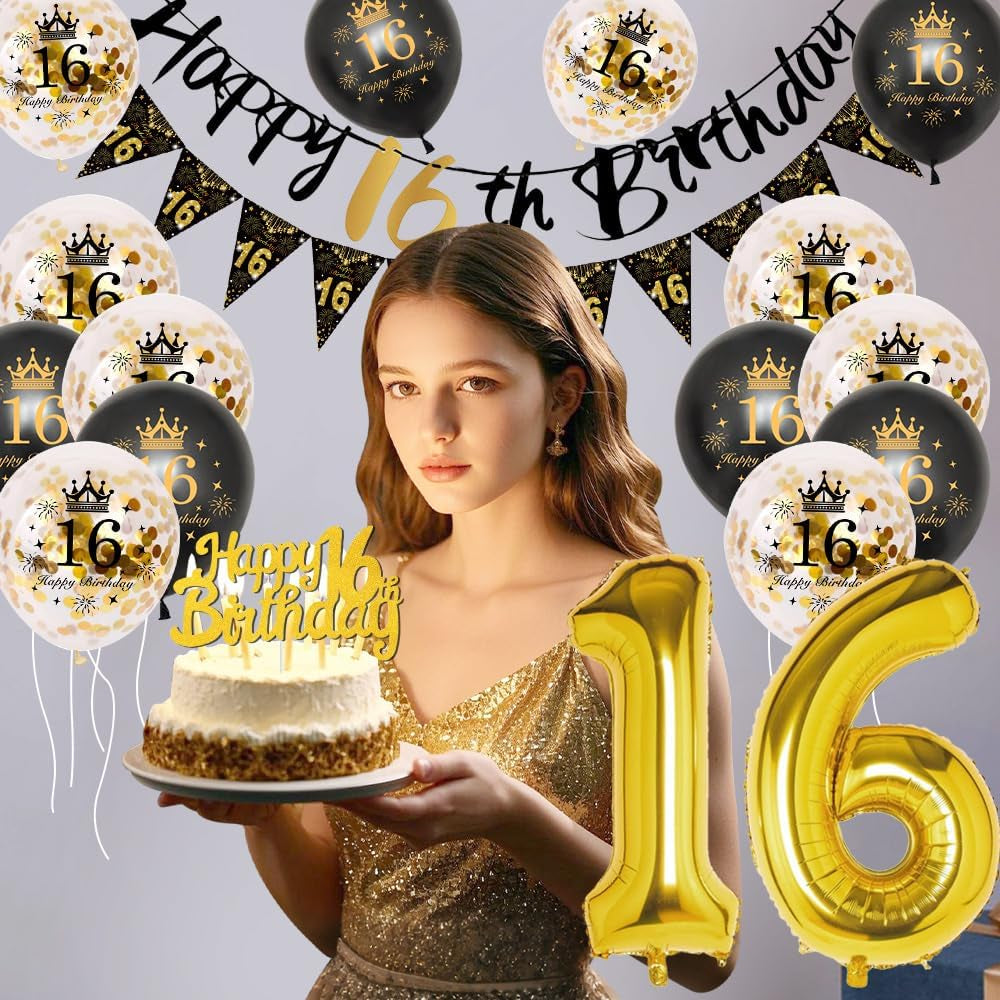 16Th Birthday Decoration, 16 Party Decoration Black Gold Balloons Birthday, 16Th Boy Girl Happy Birthday Banner Triangle 16 Balloon Decoration for Woman Birthday Party Cake Topper