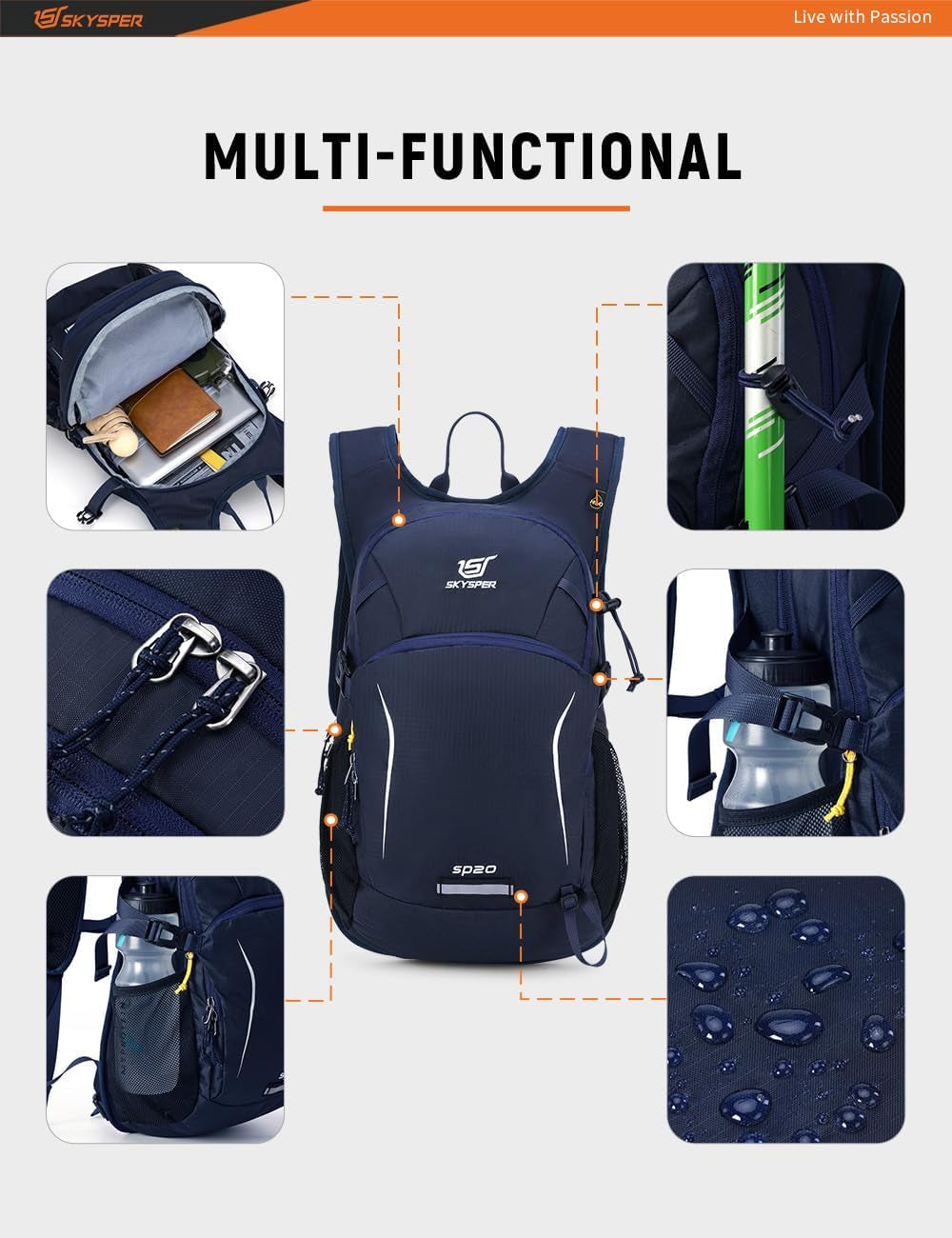 Hiking Backpack - 20L Small Backpacks with Ergonomical Design, Breathable Day Pack, Backpacking for Men Women, Navyblue