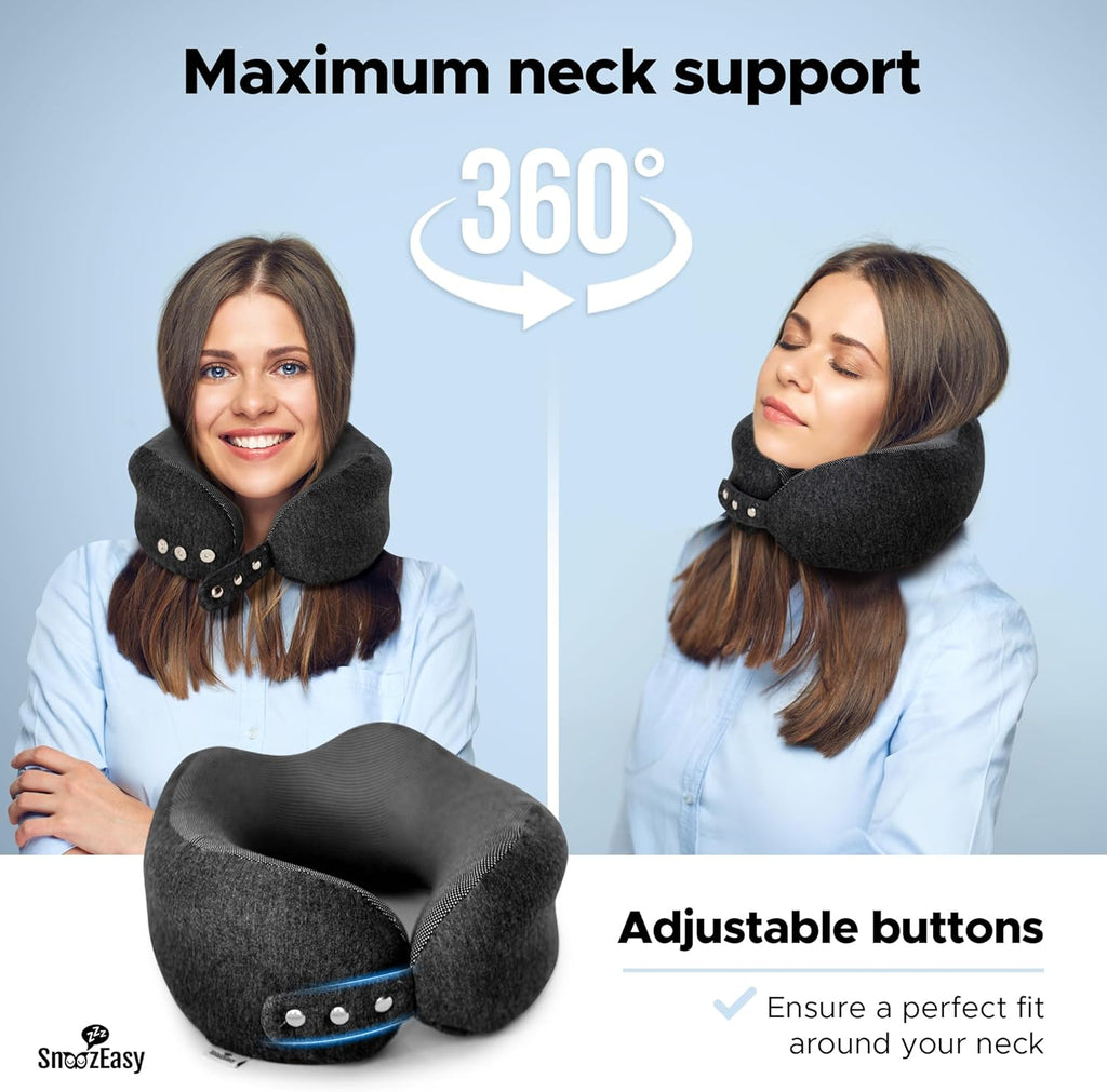 Travel Pillow for Adults | High-Density Memory Foam Neck Pillow for Airplane | Adjustable Flight Travel Cushion with Eye Mask, Ear Plugs, Carry Bag & Carabiner Clip | UK Brand