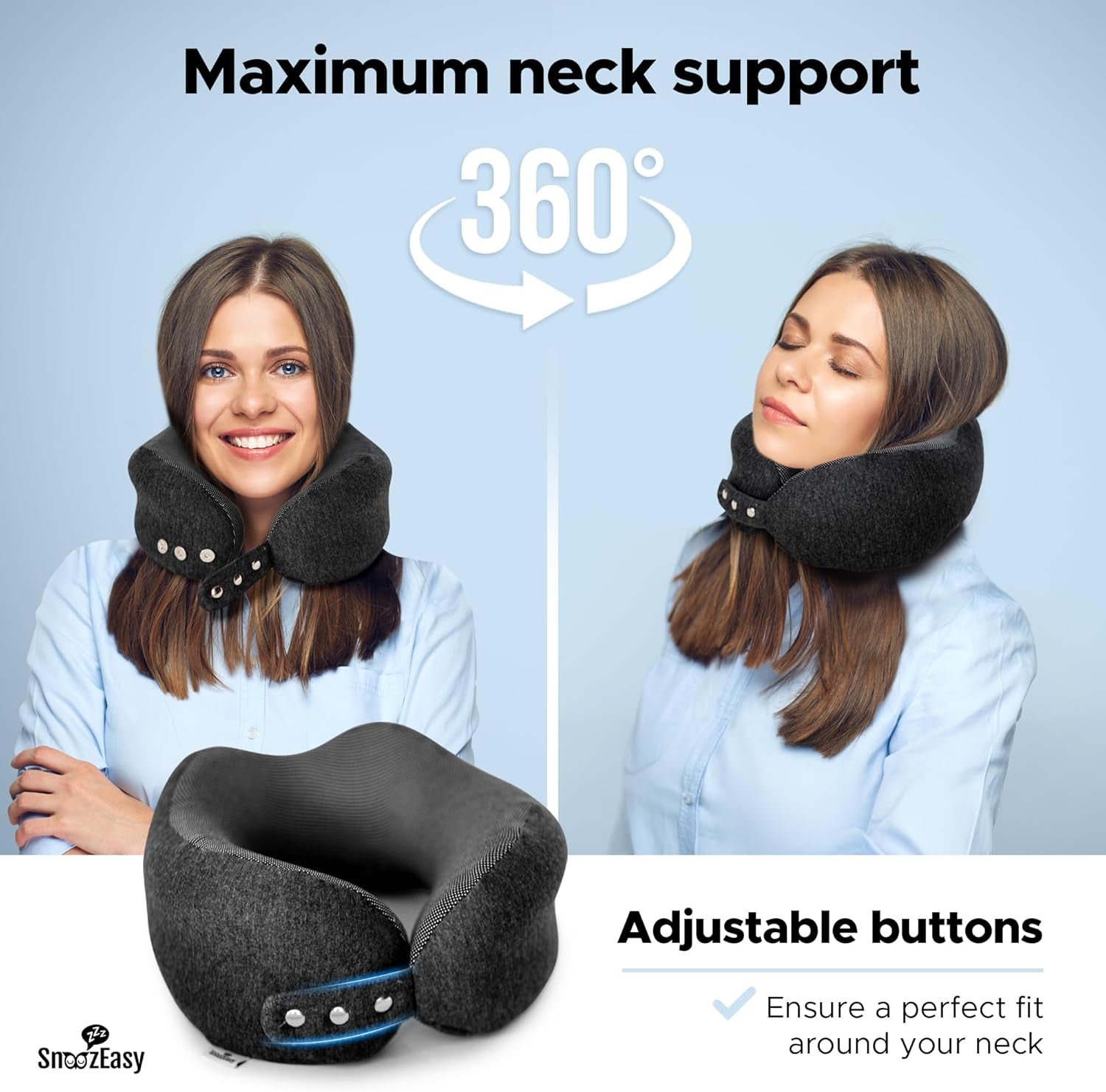 Travel Pillow for Adults | High-Density Memory Foam Neck Pillow for Airplane | Adjustable Flight Travel Cushion with Eye Mask, Ear Plugs, Carry Bag & Carabiner Clip | UK Brand