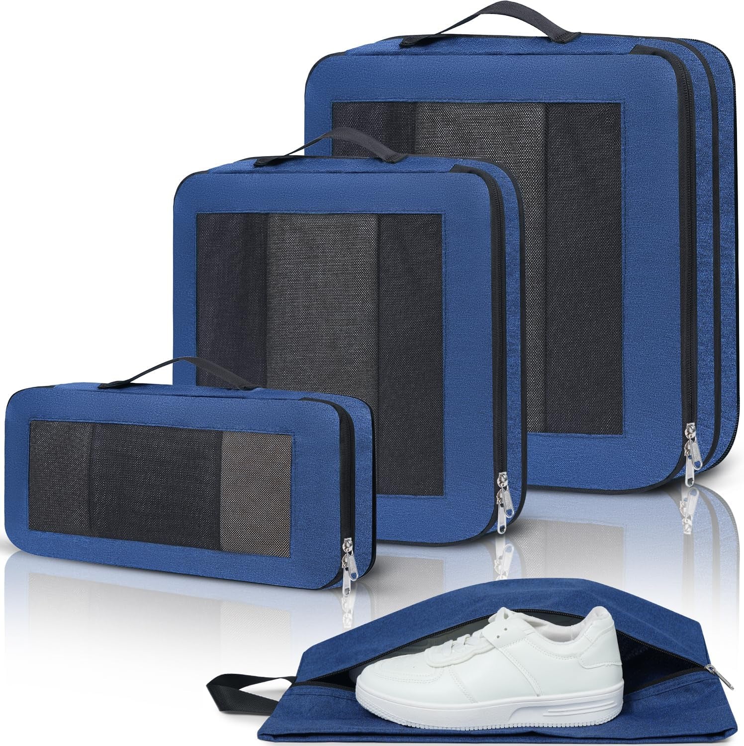 Large Compression Packing Cubes, Full Open Visible Design， Expandable Packing Organizer with Travel Shoe Bag for Suitcase & Backpack, 4 Set Lightweight Travel Bags for Vacation & Camping