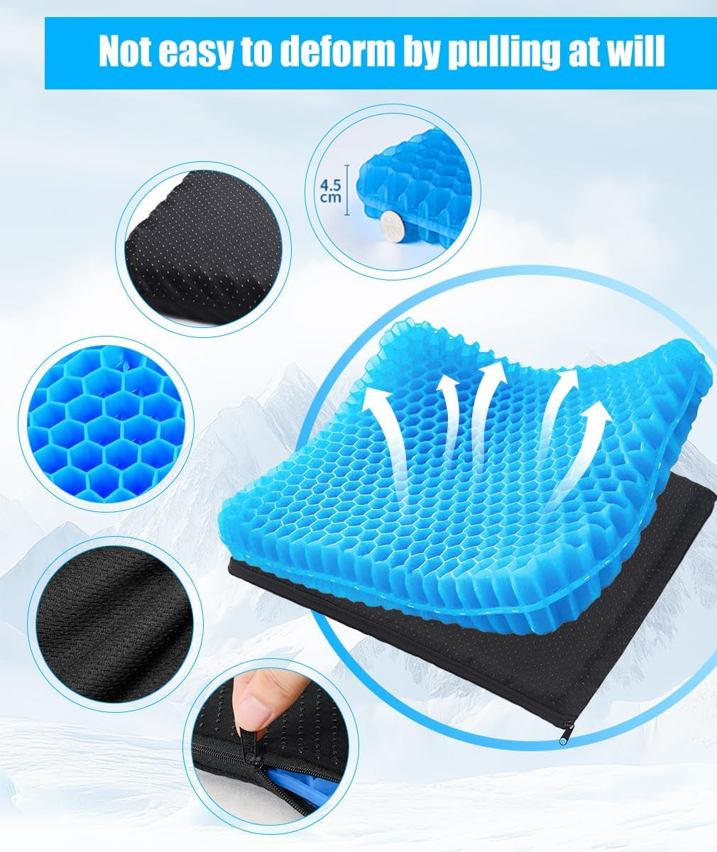 Airflow Gel Seat Cushion 42 X 36Cm Relieve Coccyx Pressure Pain, Honeycomb Construction Hard Chair Pad Comfortable Long Sitting for Car Office, plus Cloth Cover, anti Slip, Retain Shape over Time