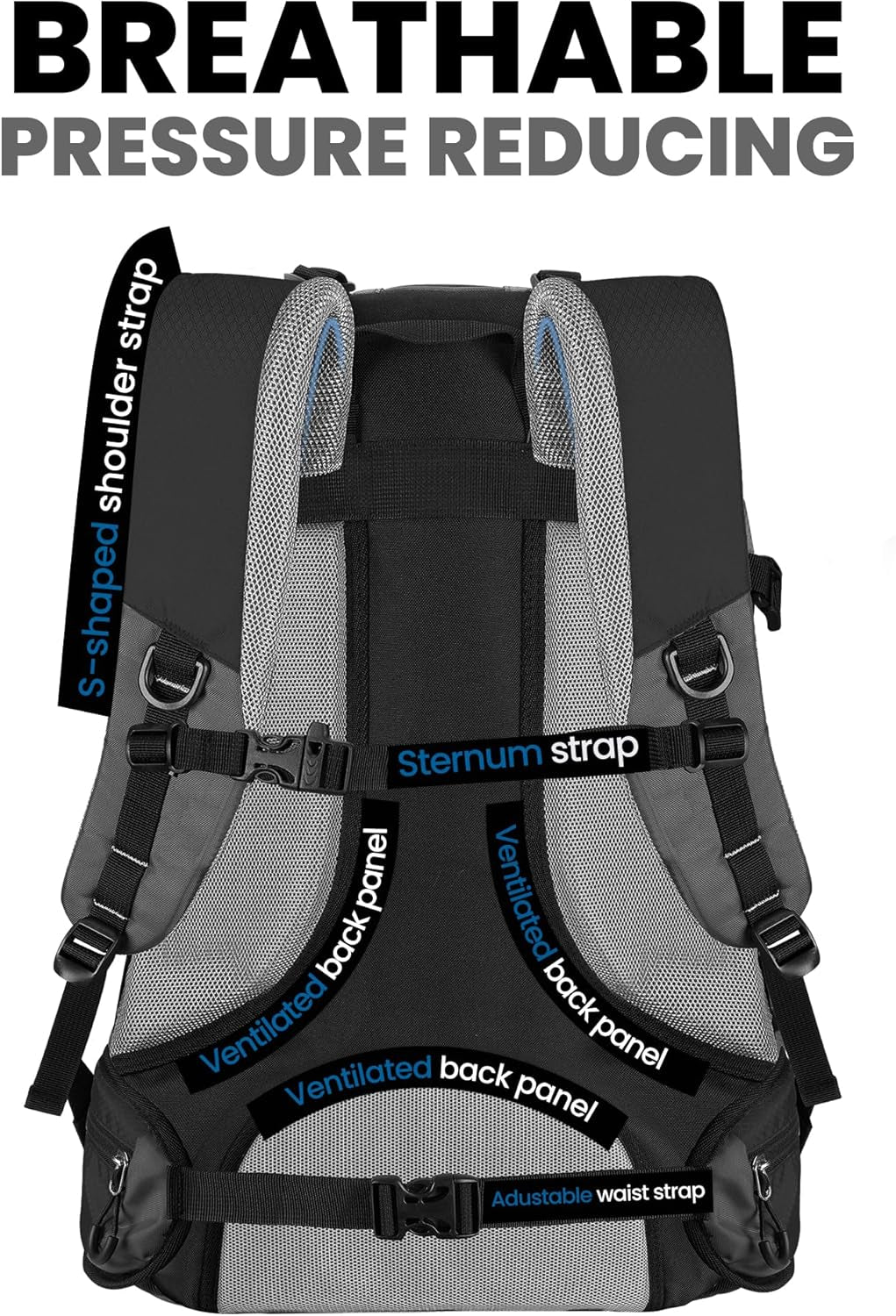 50L Hiking Backpack with High Strength Aluminum Support, Lightweight Travel Daypack with Rain Cover, Waterproof Camping Bag for Men Women -Black