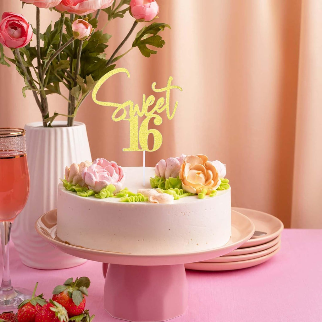 Sweet 16 Cake Topper Gold 16 Th Glitter Cake Topper 16Th Birthday Cake Topper Sweet Teenager Birthday Cake Pick, 16 Years Old Topper for Cake, Happy Sweet 16 Party Decoration Supplies