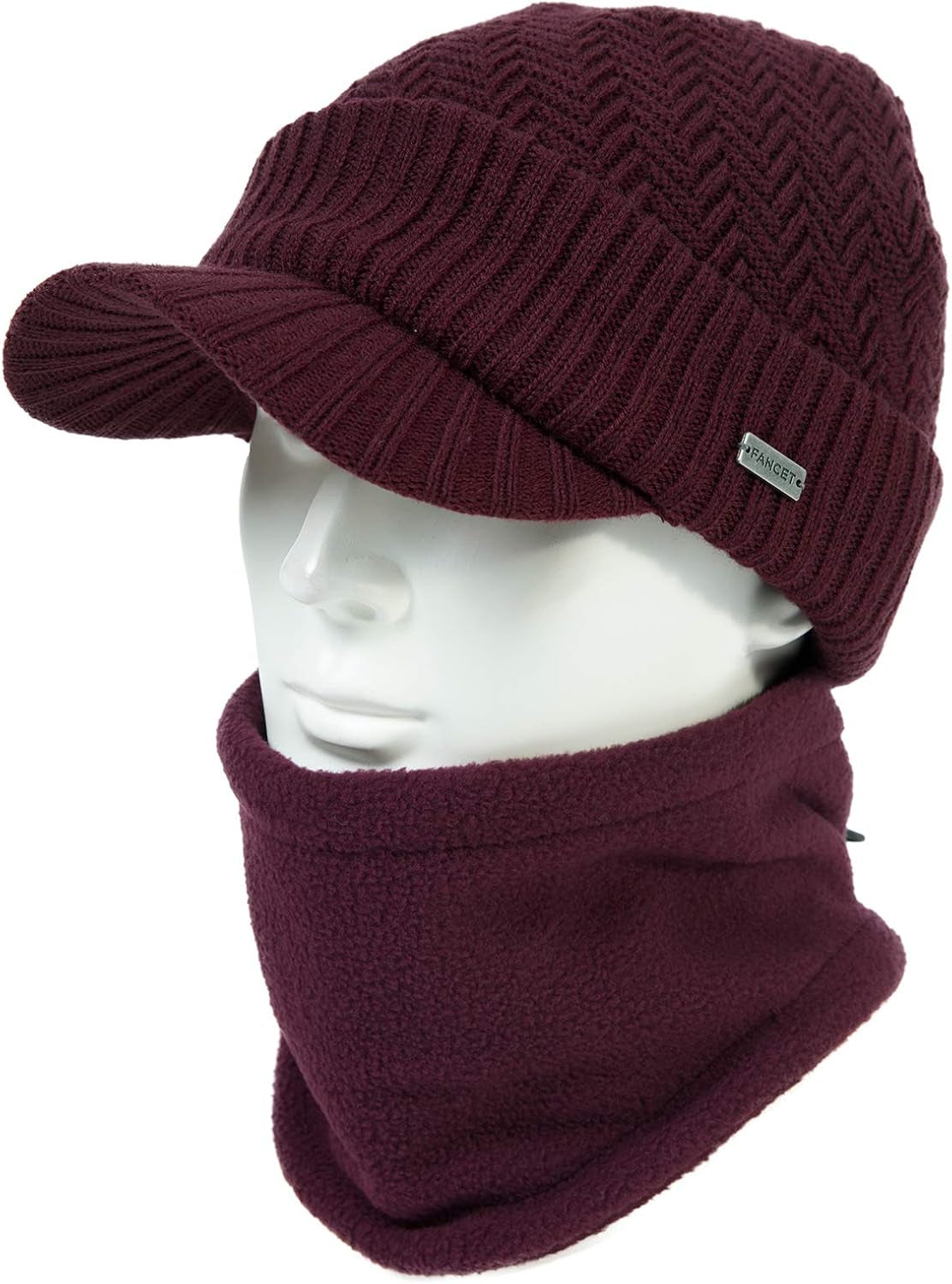 Men'S Winter Wool Peaked Beanie Hat and Ski Snood Set, Wool Visor Beanie Hat with Fleece Neck Warmer Set - Stay Warm and Stylish