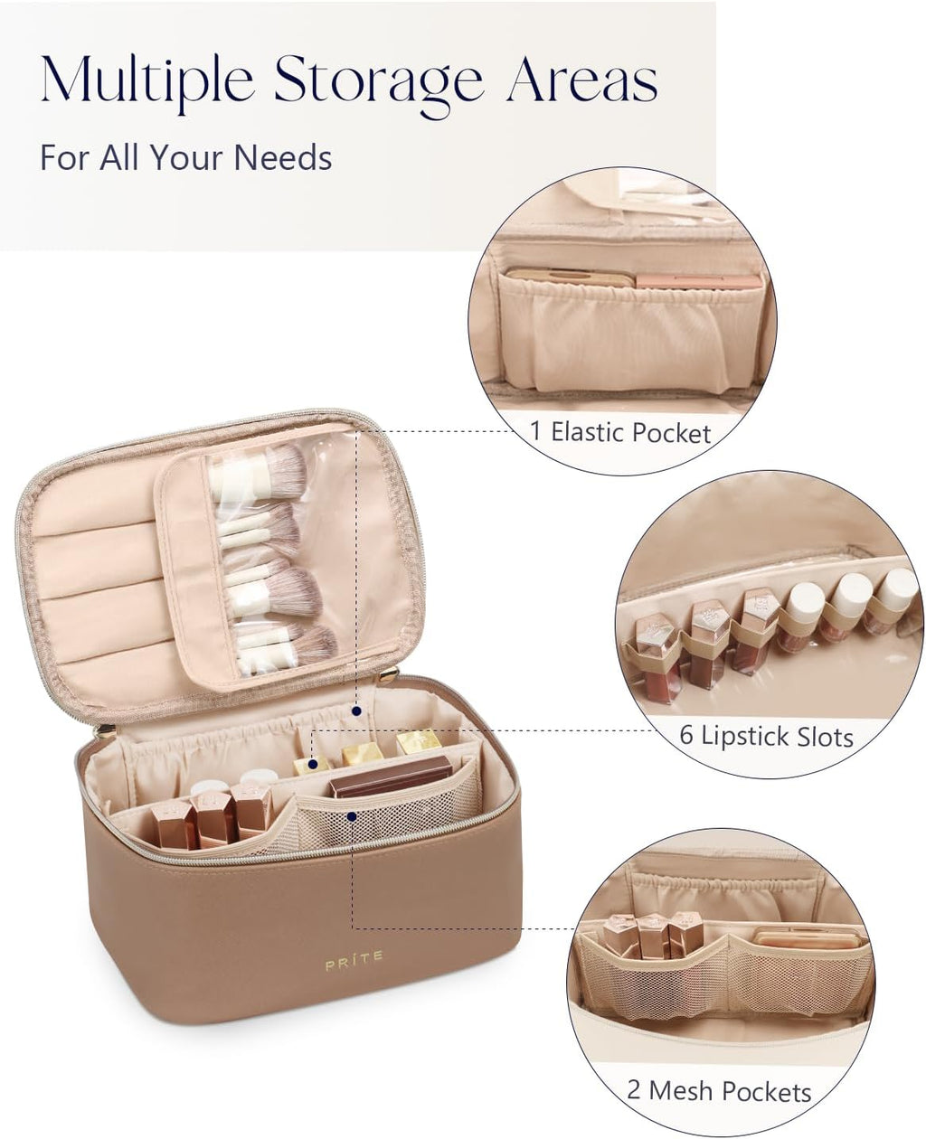 Large Makeup Bag for Women Travel Cosmetic Case Waterproof PU Leather Toiletry Bag Portable Make up Organiser with Handle and Removable Divider (Brown)