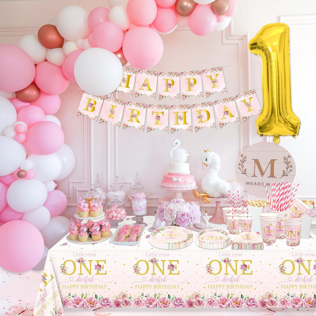 Floral 1St Birthday Party Decorations, Include Happy Birthday Banner, Paper Plates, Cups, Napkins, Little Miss Onederful Tablecloth for Girls First Birthday Party Decor Supplies, Serve 20 Guests