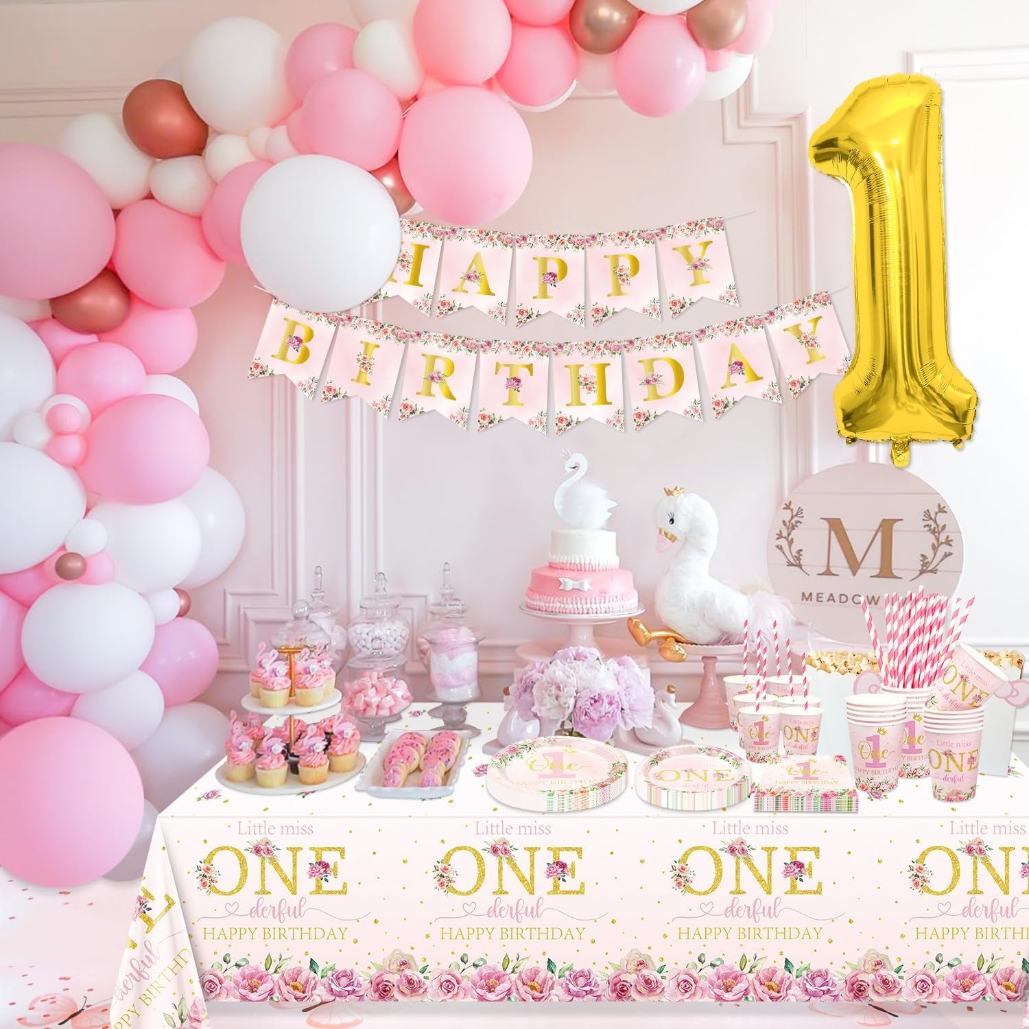 Floral 1St Birthday Party Decorations, Include Happy Birthday Banner, Paper Plates, Cups, Napkins, Little Miss Onederful Tablecloth for Girls First Birthday Party Decor Supplies, Serve 20 Guests
