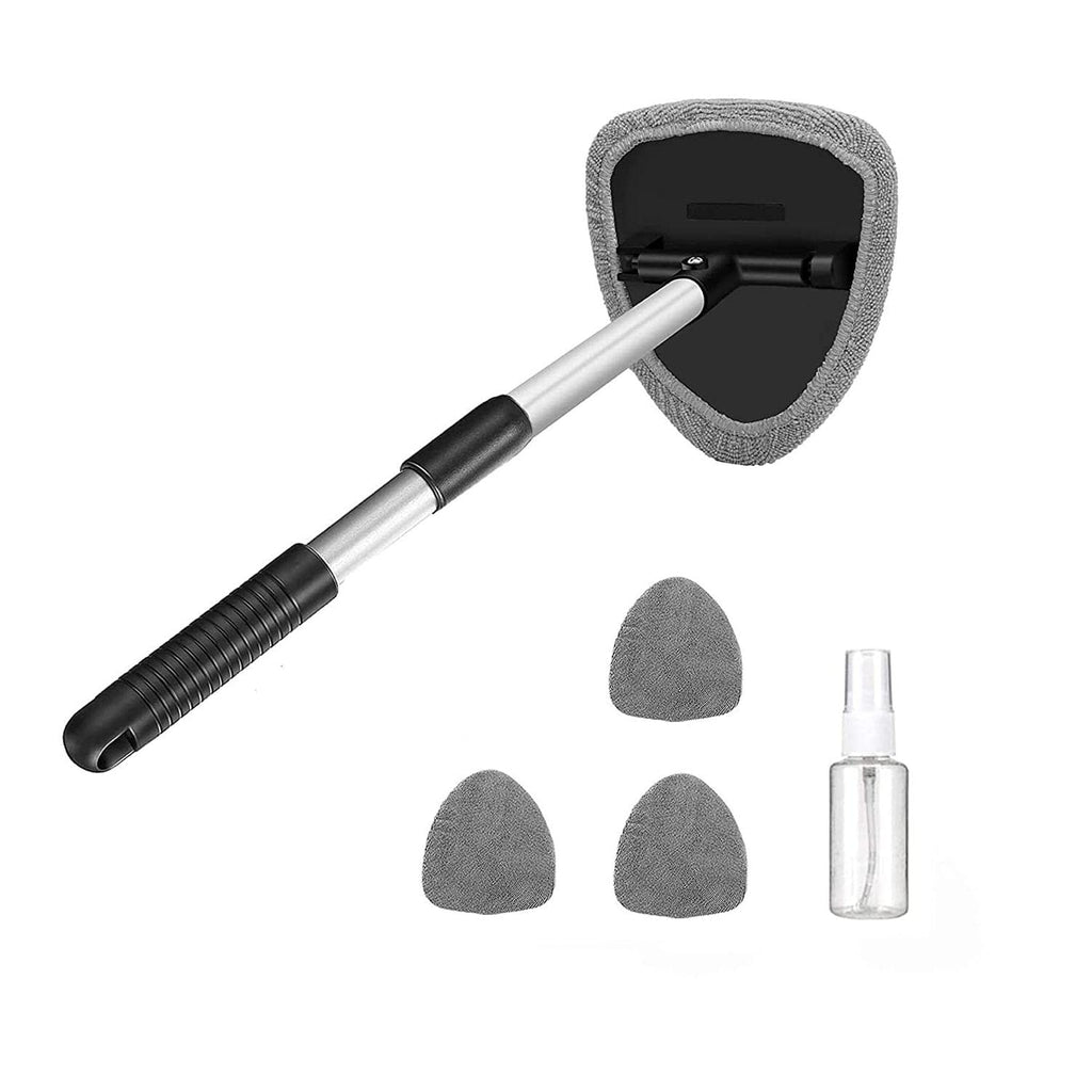 Car Windscreen Cleaner Tool, Glass Screen Cleaner Kit, Window inside Cleaning Brush with 4 Reusable and Washable Microfiber Pads, with Extendable Handle, Gray