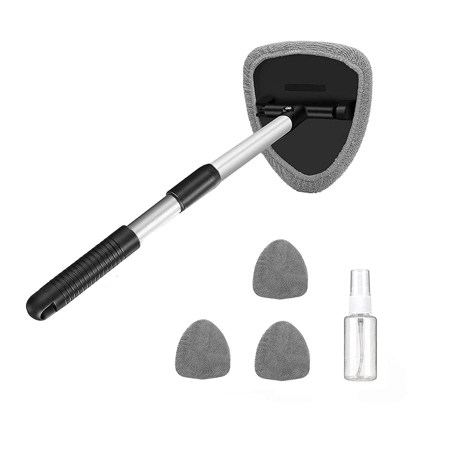 Car Windscreen Cleaner Tool, Glass Screen Cleaner Kit, Window inside Cleaning Brush with 4 Reusable and Washable Microfiber Pads, with Extendable Handle, Gray