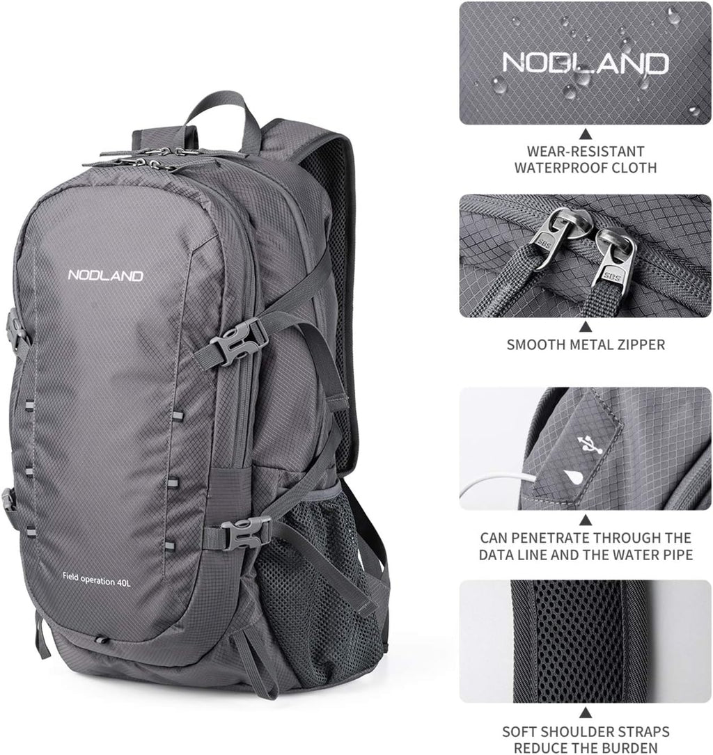 NODLAND Lightweight Backpack, Travel 40L Foldable Water-Resistant Daypack, Hiking Outdoor Camping Rucksack for Men Women