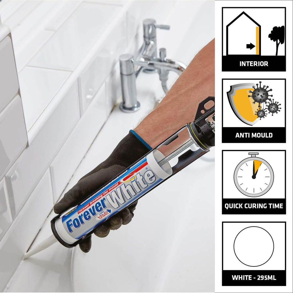 Forever White Anti-Mould Silicone Sealant – Permanently Waterproof – Suitable for Internal and External Use – White – 295Ml