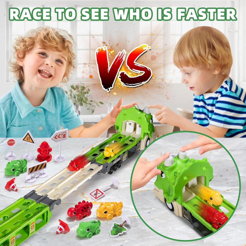 Green Dinosaur Toy Car-Foldable 117Cm Track with Launcher, Lights&Sounds, Safe ABS Plastic, Dual-Layer Storage,Includes 6 Mini Cars&12 Road Signs-Ideal Racing Playset for Kids Ages 3+