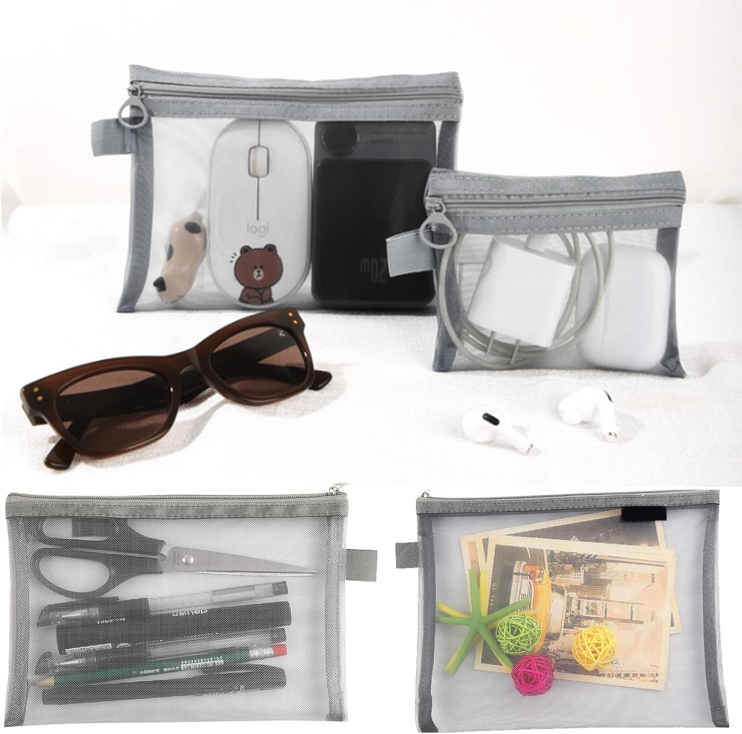 3PCS Small Make up Bag,Mesh Makeup Bags for Handbag, Cosmetic Pouch Bags with Zipper, Bag Organiser Pouches for Cosmetics Toiletries, Holiday Travel Essentials for Kids Women Men(Grey)