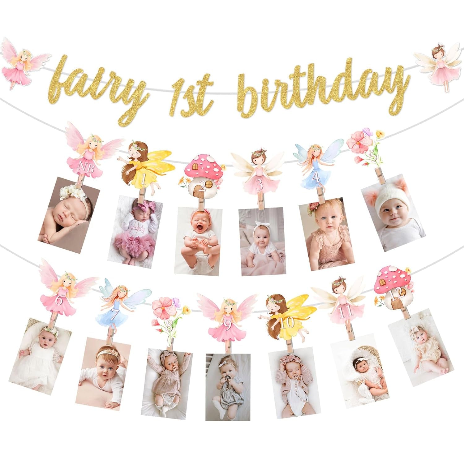 First Birthday Decorations Girl Fairy - 1St Birthday Banner, Monthly Photo Banner for Floral Fairy 1St Party Decorations, One Year Old Decorations for Baby Girl