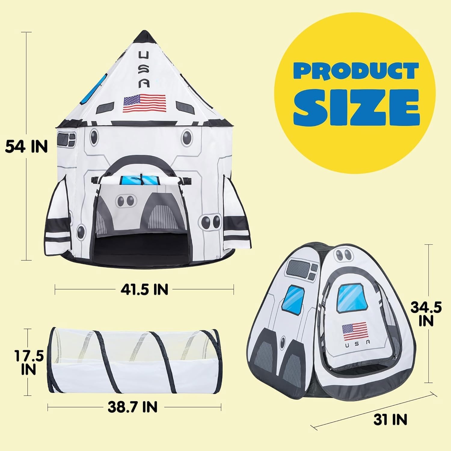 White Rocket Ship Pop up Play Tent with Tunnel and Playhouse Kids Indoor Outdoor Spaceship Tent Set