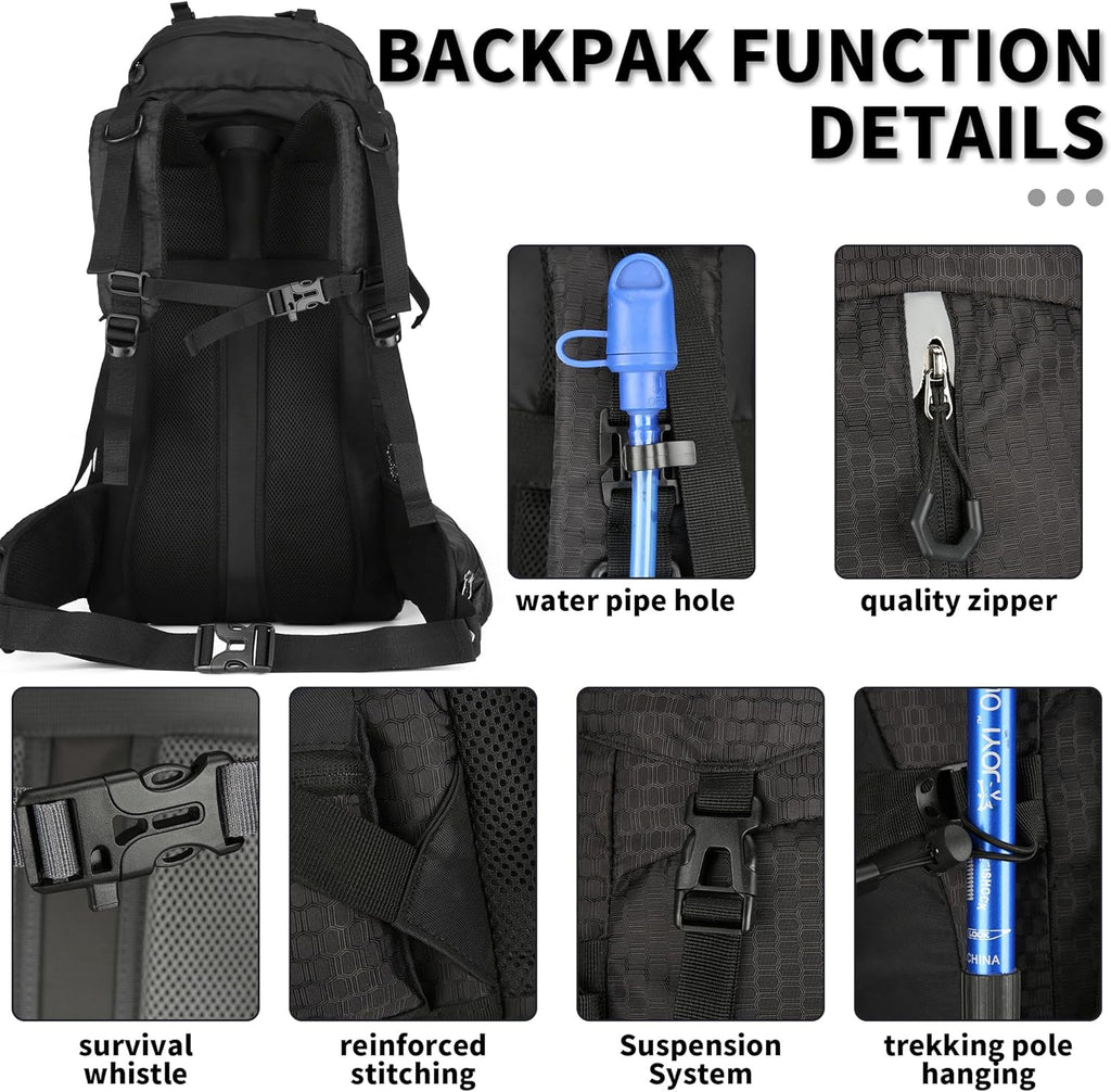 60L Hiking Backpack, Waterproof Camping Backpacking Backpack for Men Outdoor Traveling Climbing Daypack with Rain Cover (Black)